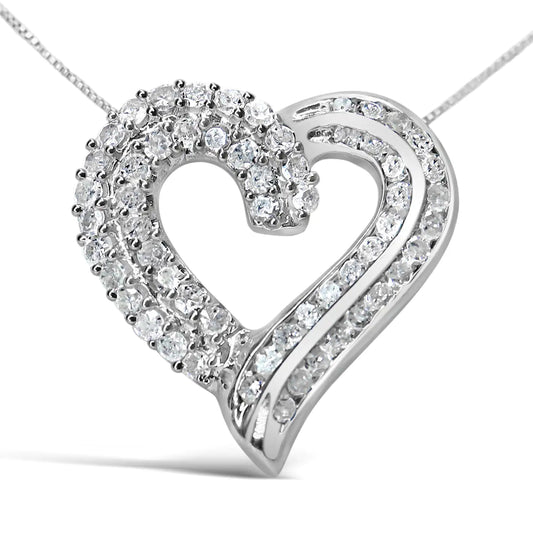 Sterling Silver Prong & Channel-Set Diamond Open work Ribbon Heart PenCelebrate love and romance with this stunning .925 sterling silver heart pendant necklace. Featuring an openwork heart silhouette adorned with 1.0 cttw of round diamSterling Silver Prong & Channel-Set Diamond Open work Ribbon Heart Pendant 18" NecklaceSterling Silver Prong & Channel-Set Diamond Open work Ribbon Heart Pendant 18" Necklace