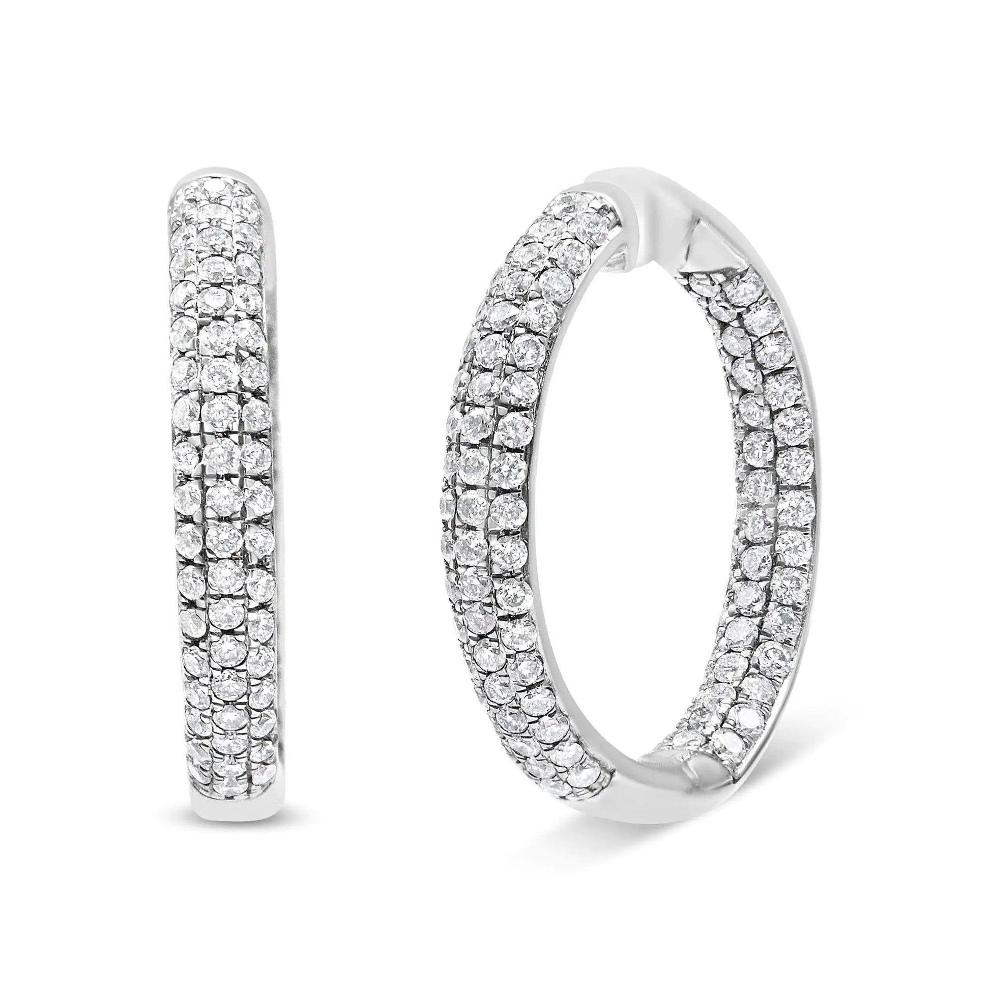 14K White Gold Diamond Hoop Earrings with 2.0 Cttw Inner-Outer Design.