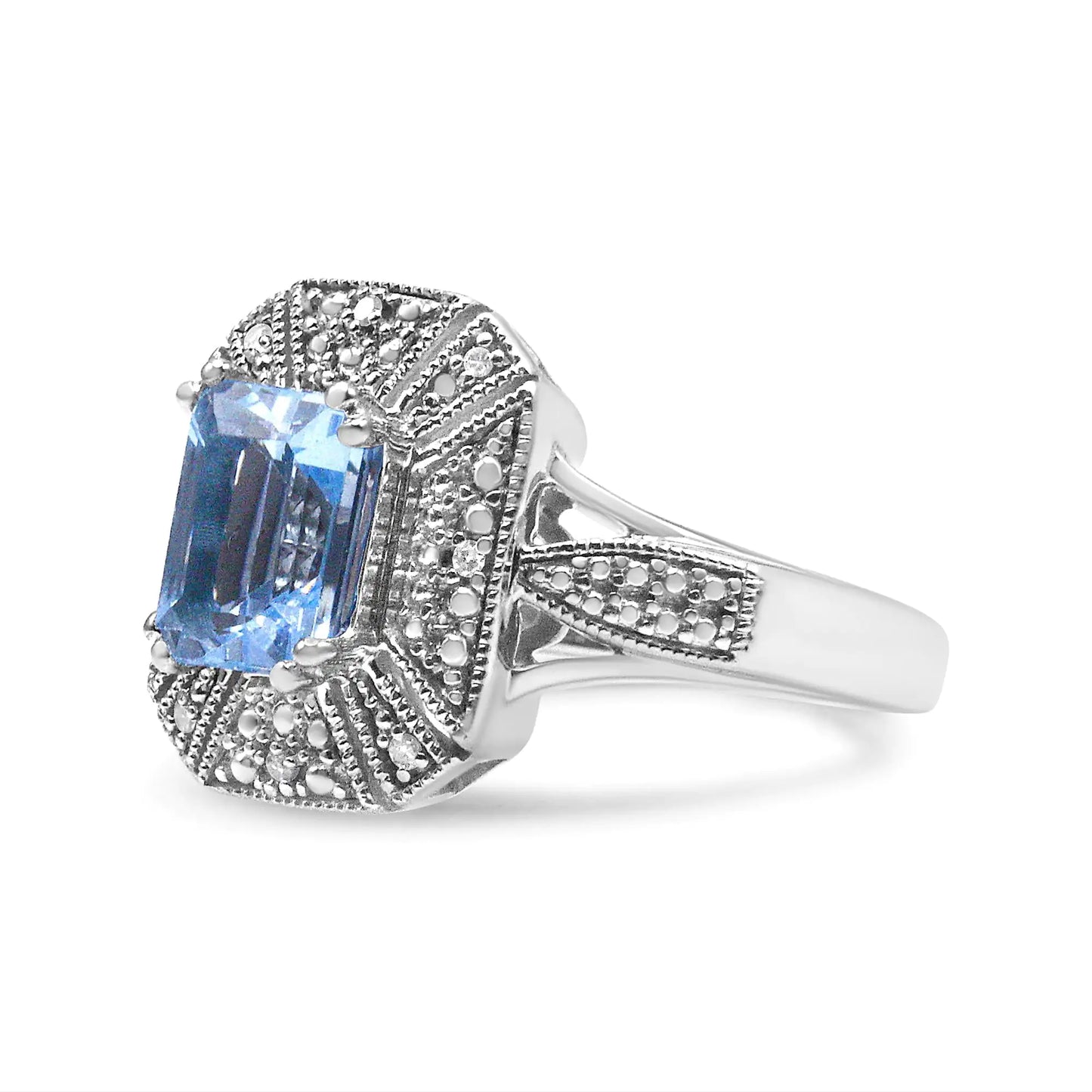 Sterling Silver Diamond Accent Emerald-Shape Blue Topaz Ring (I-J Color, I2-I3 Clarity)