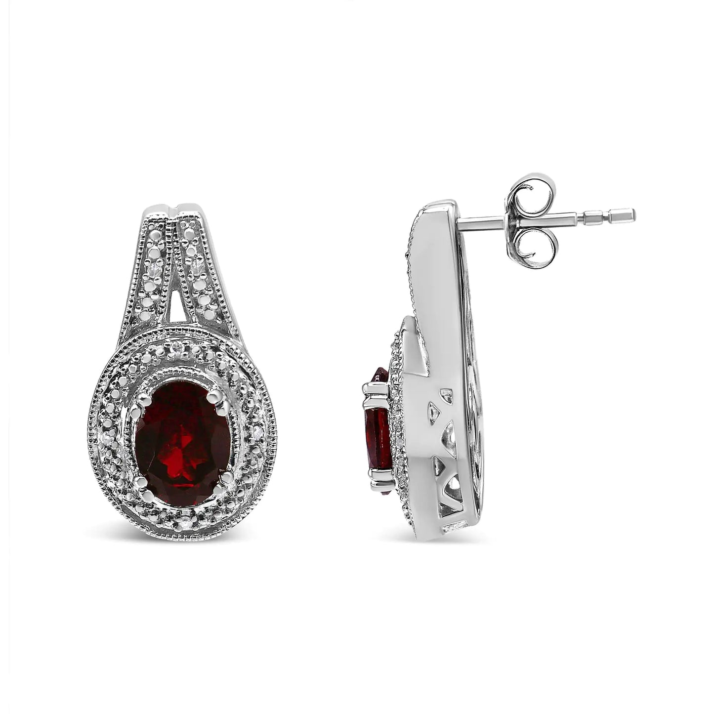 .925 Sterling Silver Diamond Accent and 8x6mm Red Oval Garnet Stud EarExuding a regal charm in deep red, this pair of fashion stud earrings is simply elegant. The bold 8*6mm oval-shaped garnet gemstone is surrounded with a pretty milgr8x6mm Red Oval Garnet Stud Earrings (8x6mm Red Oval Garnet Stud Earrings (