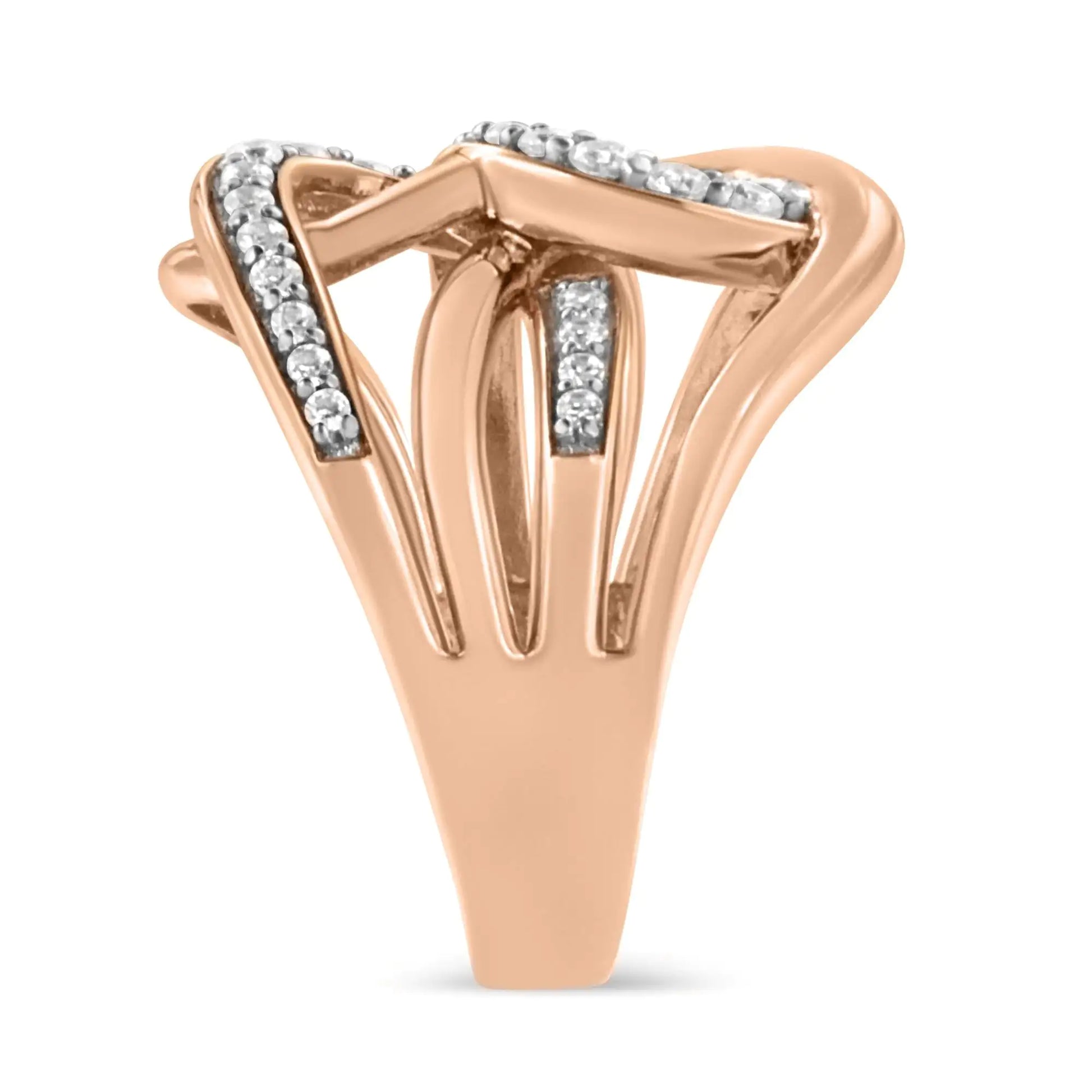 10K Rose Gold 1/2 Cttw Round-Cut Diamond Intertwined Multi-Loop CocktaIntricately crafted, this 10k rose gold cocktail ring has a unique intertwined multi-loop design. Loops of rose gold bypass loops embellished with natural, round-cut10K Rose Gold 1/2 Cttw Round-Cut Diamond Intertwined Multi-Loop Cocktail Ring (Rings10K Rose Gold 1/2 Cttw Round-Cut Diamond Intertwined Multi-Loop Cocktail Ring (