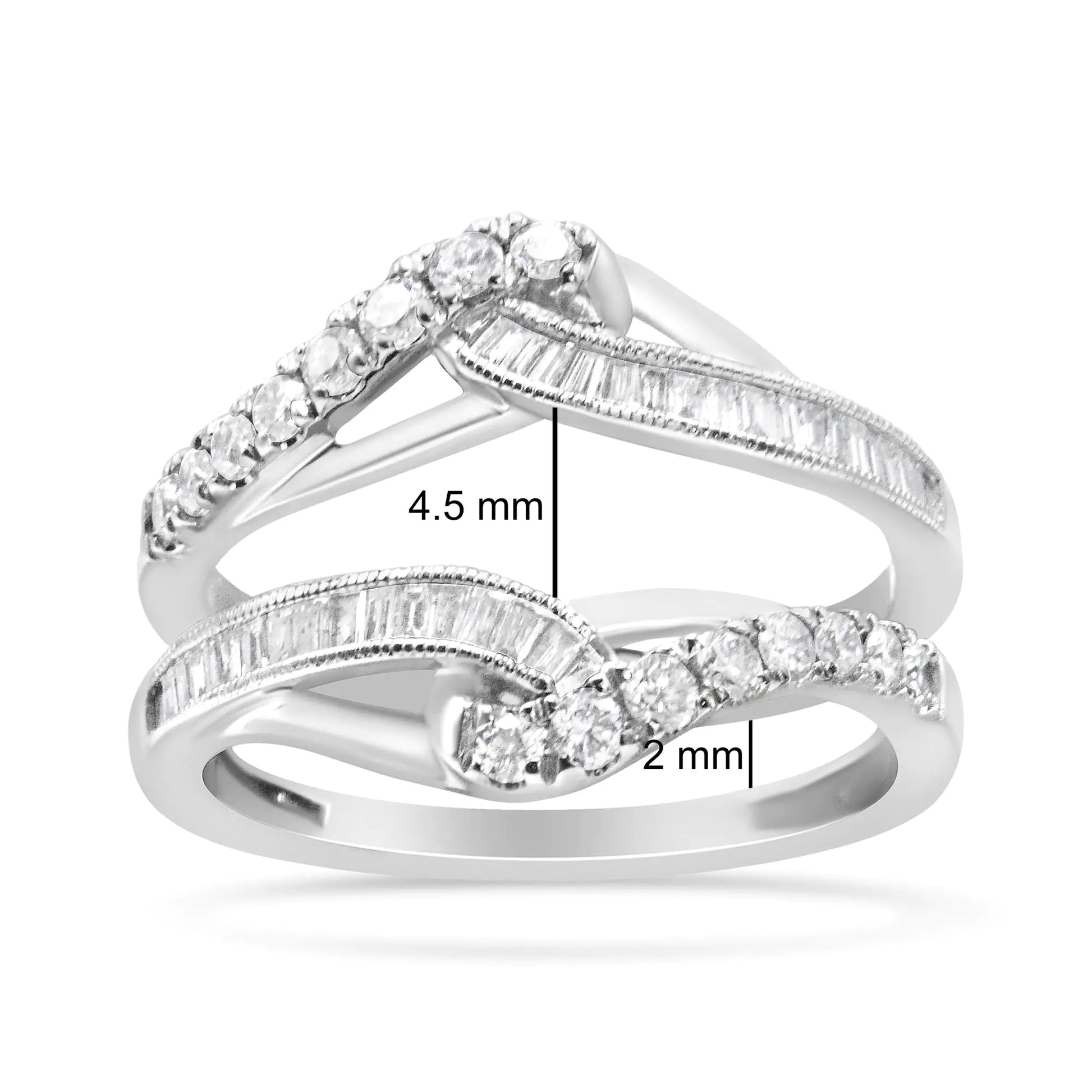 14K White Gold 0.65 Cttw Round and Baguette Invisible-Set Diamond EnhaThis sparkling ring enhancer is a piece that will instantly elevate her bridal or diamond solitaire ring. The look displays a top and bottom row of round diamonds in14K White Gold 014K White Gold 0