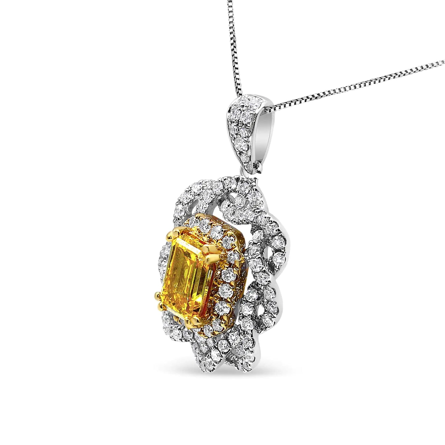 18K Yellow and White Gold 1.75 Cttw Diamond Lab Grown Treated Yellow ETreat yourself to this glamorous 1.75 c.t. diamond fashion necklace, elegantly crafted in 18k white gold, a metal that will stay tarnish free for years to come. The 75 Cttw Diamond Lab Grown Treated Yellow Emerald Center Diamond Halo 18" Pendant Necklace Yellow75 Cttw Diamond Lab Grown Treated Yellow Emerald Center Diamond Halo 18" Pendant Necklace Yellow