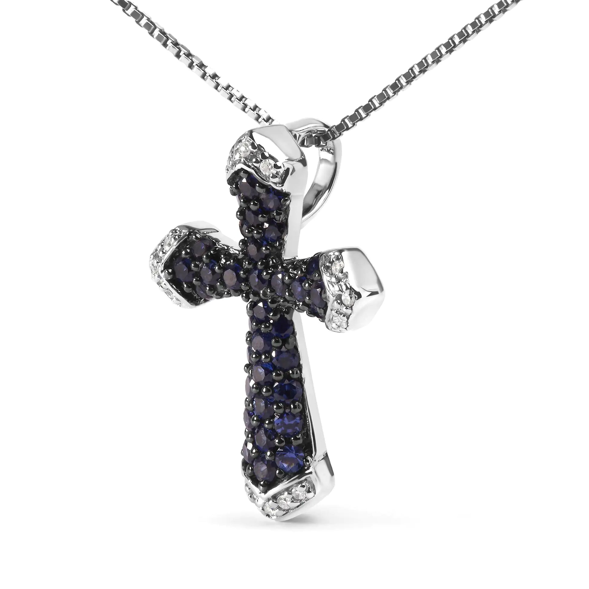 Sterling Silver Created Blue Sapphire and White Diamond Accent Cross Pendant Necklace