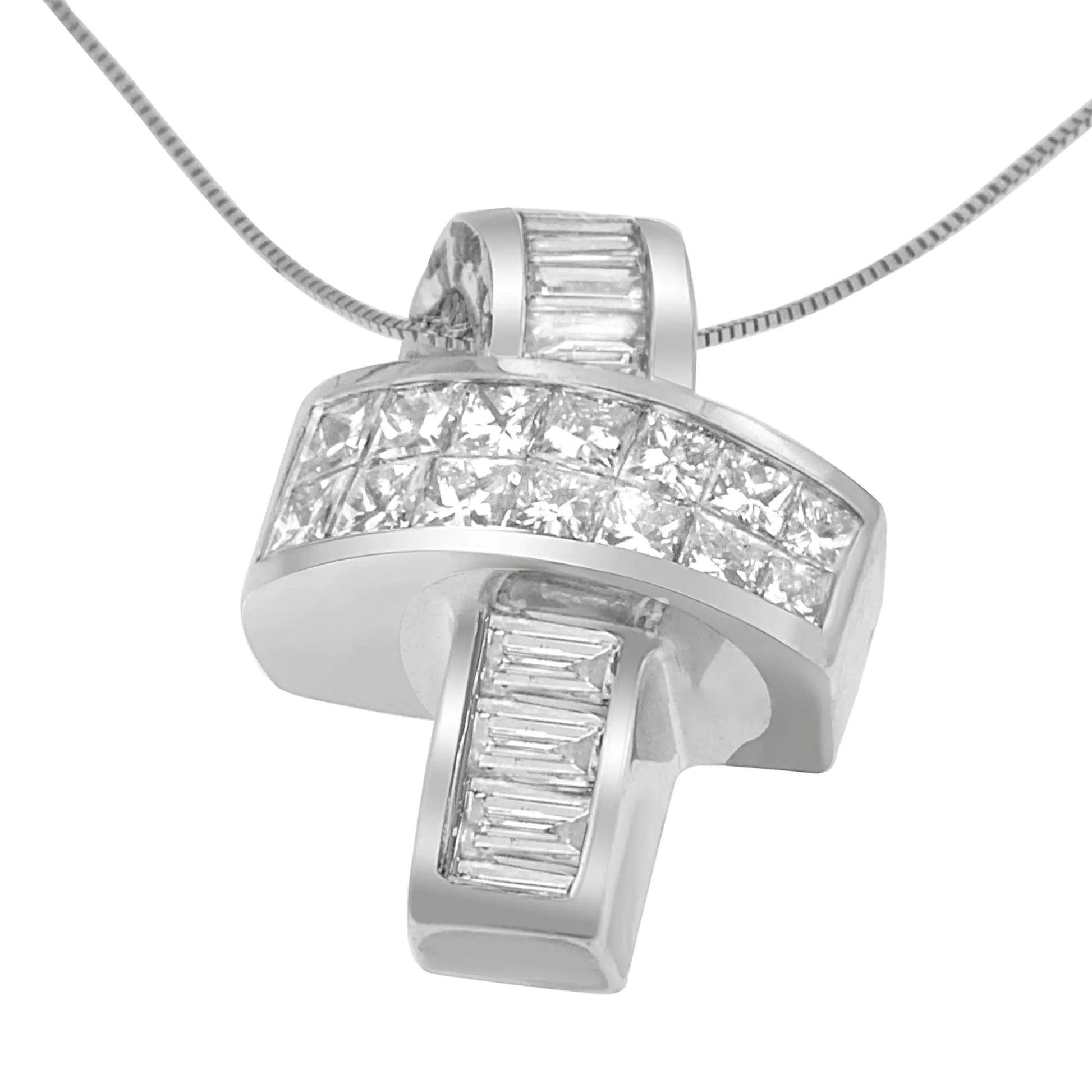 14K White Gold 2 cttw Princess and Baguette Cut Diamond Ribbon PendantGirly meets glamorous! A sprinkling of princess and baguette cut diamonds beautifully dot this radiant, ribbon-shaped pendant, which is set in 14 karat white gold to14K White Gold 2 cttw Princess14K White Gold 2 cttw Princess