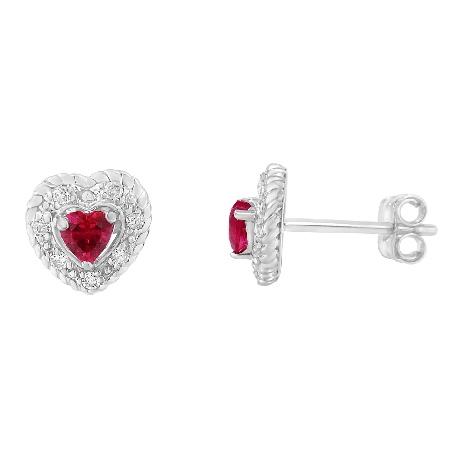 .925 Sterling Silver, ¾ Cttw Lab-Created Ruby, ¼ Cttw Diamond Heart RiElevate your style with this stunning .925 Sterling Silver Jewelry Set featuring a ¾ carat total weight lab-created ruby and ¼ carat total weight diamonds (I-J Color925 Sterling Silver ¾ Cttw Lab-Created Ruby ¼ Cttw Diamond Heart Ring EarringsNecklace925 Sterling Silver ¾ Cttw Lab-Created Ruby ¼ Cttw Diamond Heart Ring Earrings