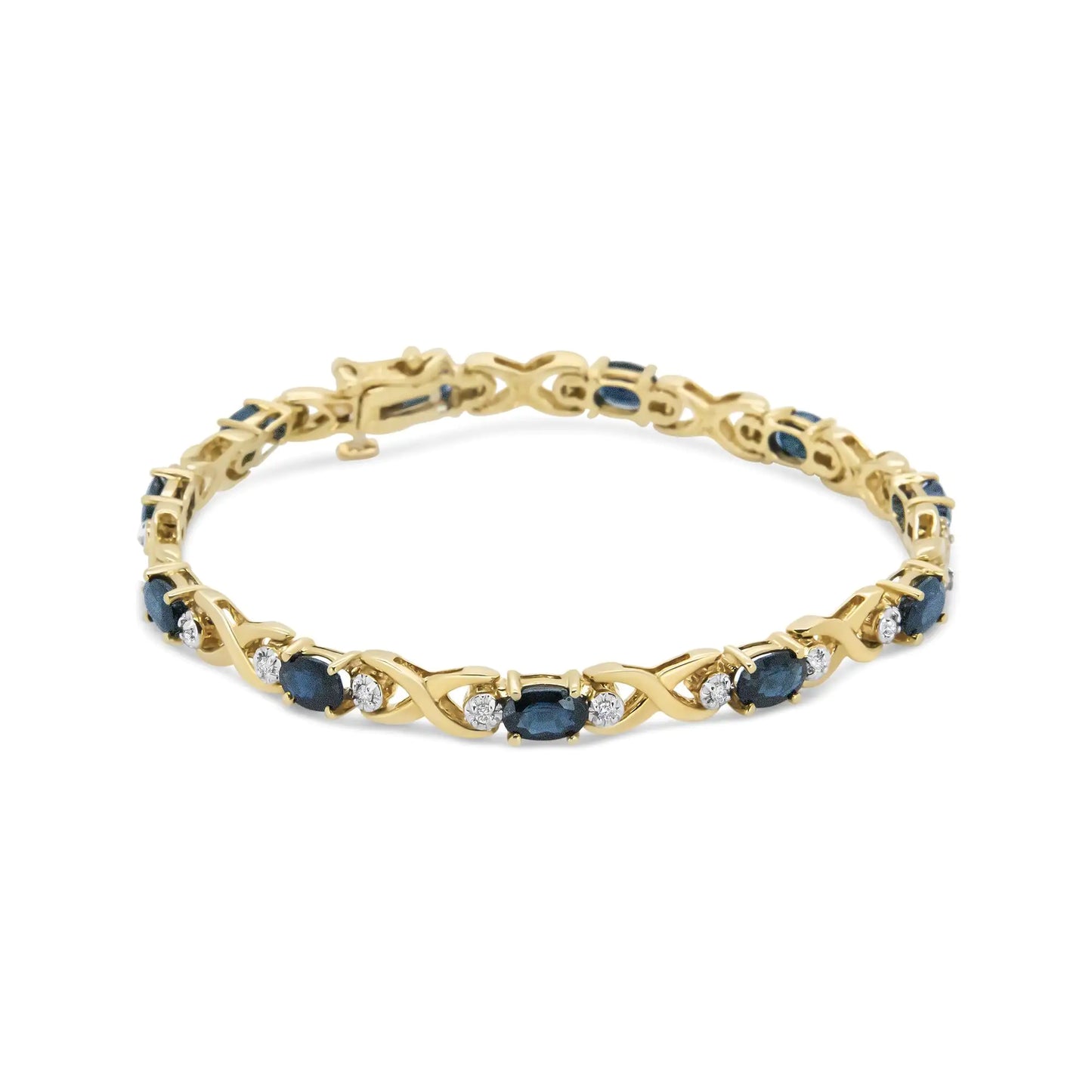 14K Yellow Gold 1 1/4 Cttw Round Diamond and 6x4mm Blue Sapphire "X" LMasterfully set in a unique motif and illuminated with the sparkle of round diamonds, this gemstones in link bracelet are remarkable! Stunning 6x4mm oval blue sapphi14K Yellow Gold 1 14 Cttw Round Diamond14K Yellow Gold 1 14 Cttw Round Diamond