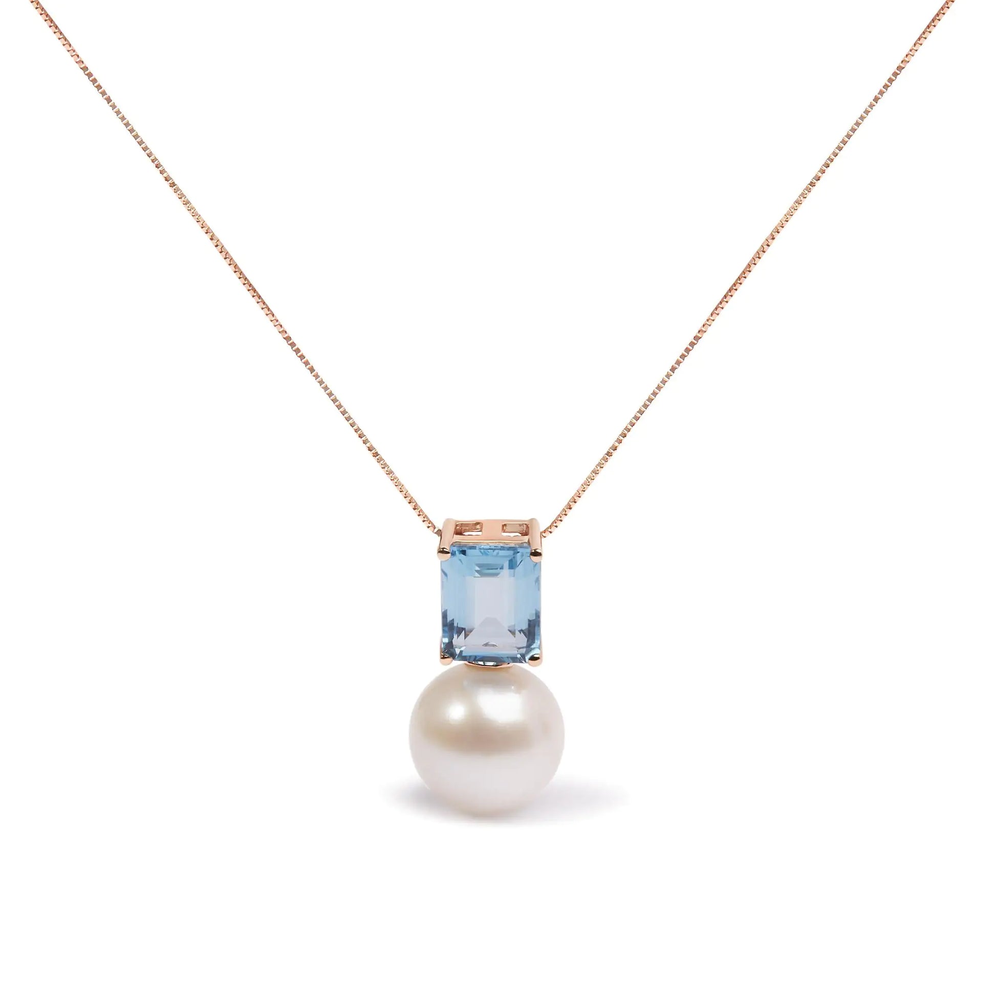 14K rose gold necklace with pearl and Swiss blue topaz pendant.