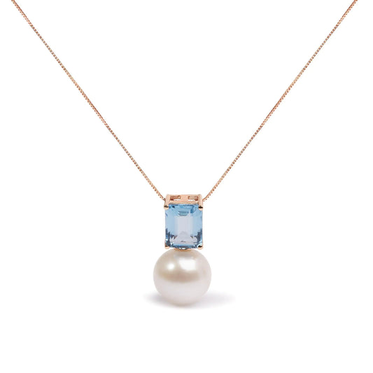 14K rose gold necklace with pearl and Swiss blue topaz pendant.