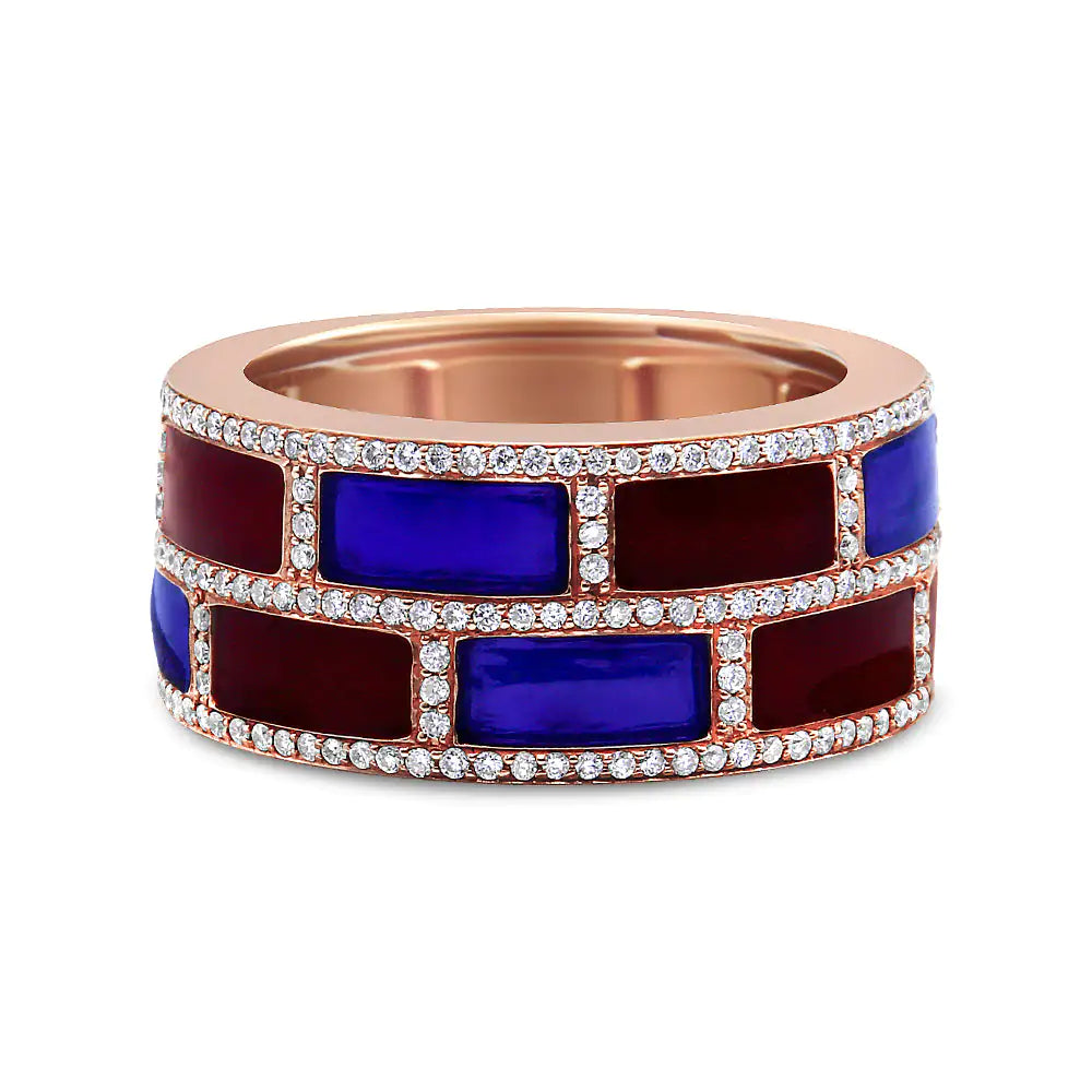 18K Rose Gold Alternating Red and Blue Enamel and 1/2 Cttw Diamond StuBold, bright and beautiful! This contemporary diamond and enamel ring is hand-crafted in Thailand and is truly a one-of-a-kind treasure. This band is crafted from wa18K Rose Gold Alternating Red18K Rose Gold Alternating Red