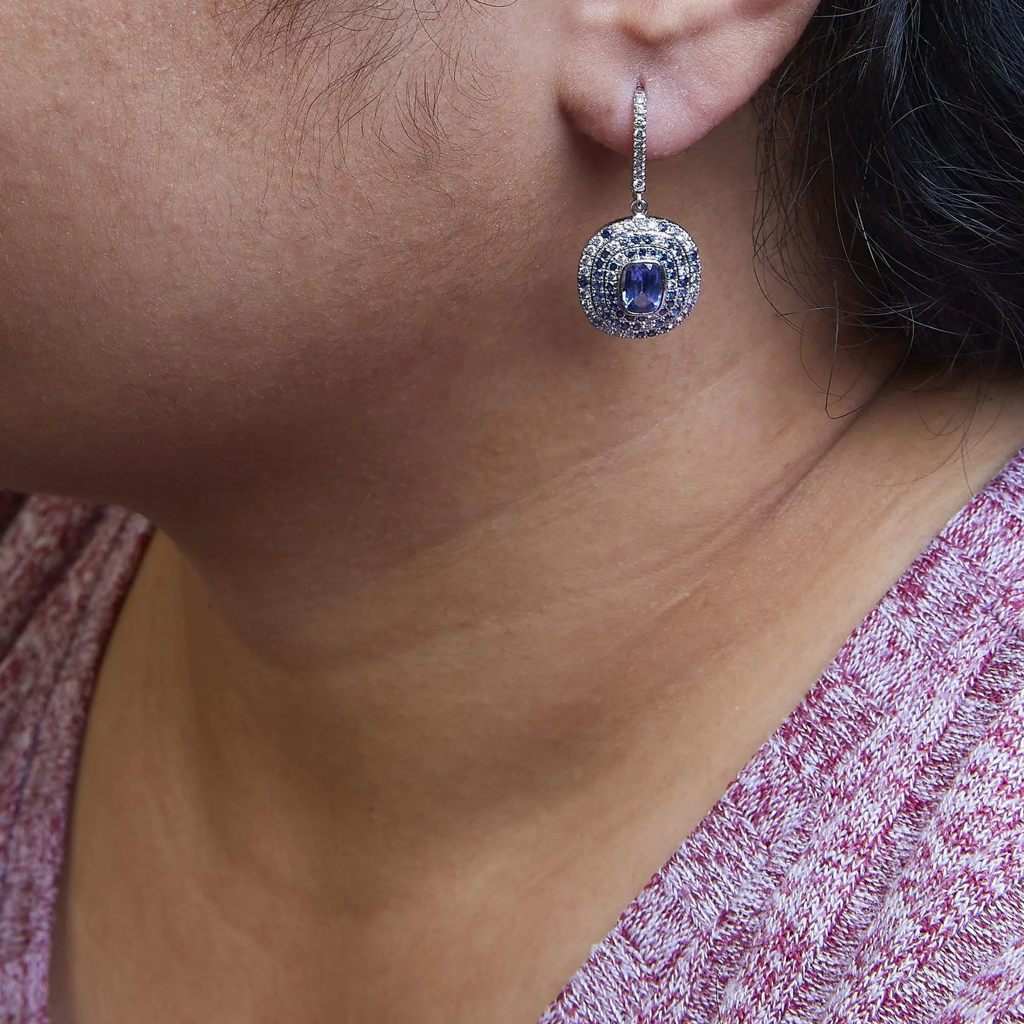 18K White Gold Natural Blue Sapphire and Diamond Scattered Halo Drop aStep into a realm of timeless elegance with our 18K White Gold Natural Blue Sapphire and Diamond Scattered Halo Drop and Dangle Lever back Earrings. Adorned with 96 18K White Gold Natural Blue Sapphire18K White Gold Natural Blue Sapphire