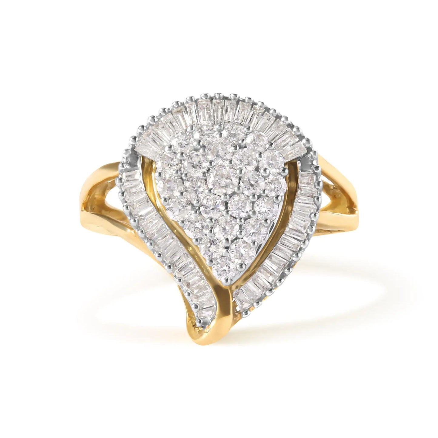 10K Yellow Gold 1 Cttw Round and Baguette Cut Diamond Ballerina ClusteIndulge in the elegance of this 10K Yellow Gold Ballerina Cluster Ring, adorned with 66 natural diamonds totaling 1.0 cttw. The round and baguette cut diamonds are c10K Yellow Gold 1 Cttw Round10K Yellow Gold 1 Cttw Round