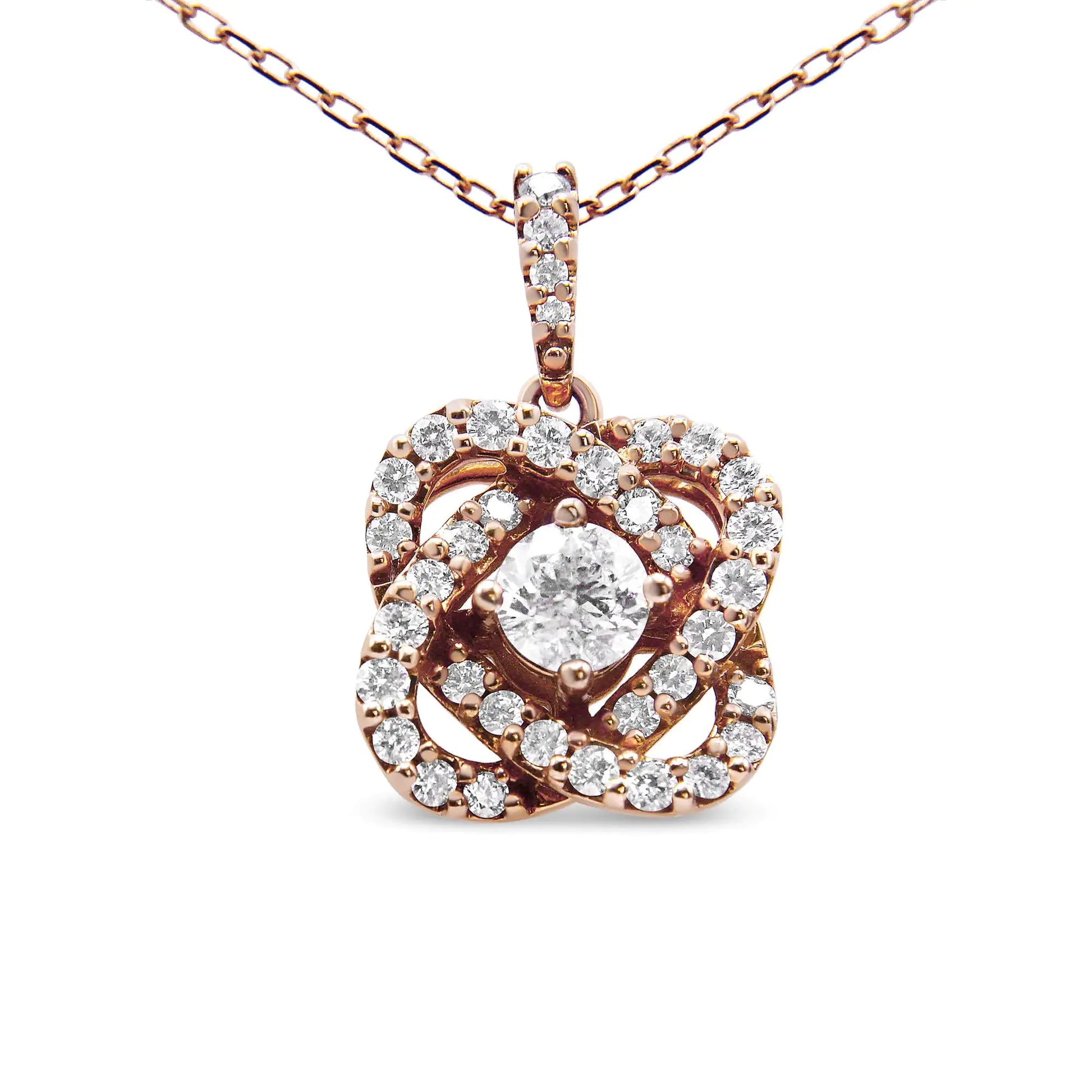 14K rose gold diamond criss cross infinite swirl pendant necklace with 1.00 cttw round-cut diamonds.