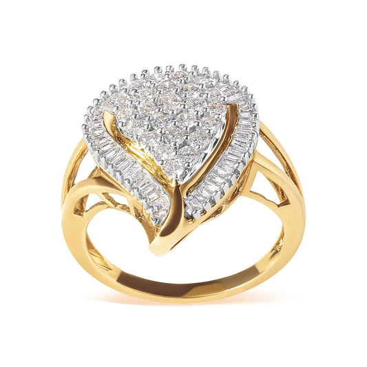 10K Yellow Gold 1 Cttw Round and Baguette Cut Diamond Ballerina ClusteIndulge in the elegance of this 10K Yellow Gold Ballerina Cluster Ring, adorned with 66 natural diamonds totaling 1.0 cttw. The round and baguette cut diamonds are c10K Yellow Gold 1 Cttw Round10K Yellow Gold 1 Cttw Round