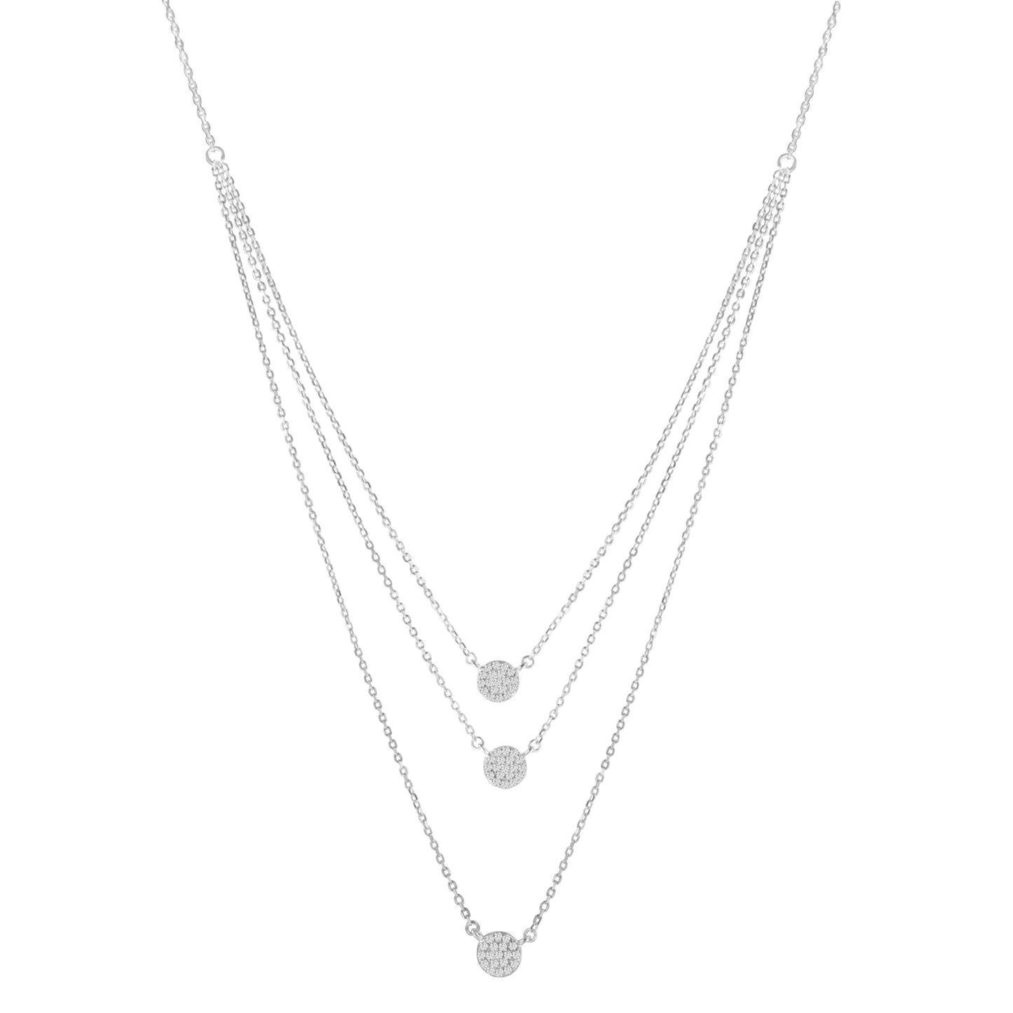 Sterling Silver Round Diamond Medallion Multi-Strand Tri Pendant 18" NThree chains provide a pre-layered look for your day or evening attire when you slip on the sparkling splendor of this tri pendant necklace. Three circular medallionSterling Silver Round Diamond Medallion Multi-Strand Tri Pendant 18" NecklaceSterling Silver Round Diamond Medallion Multi-Strand Tri Pendant 18" Necklace