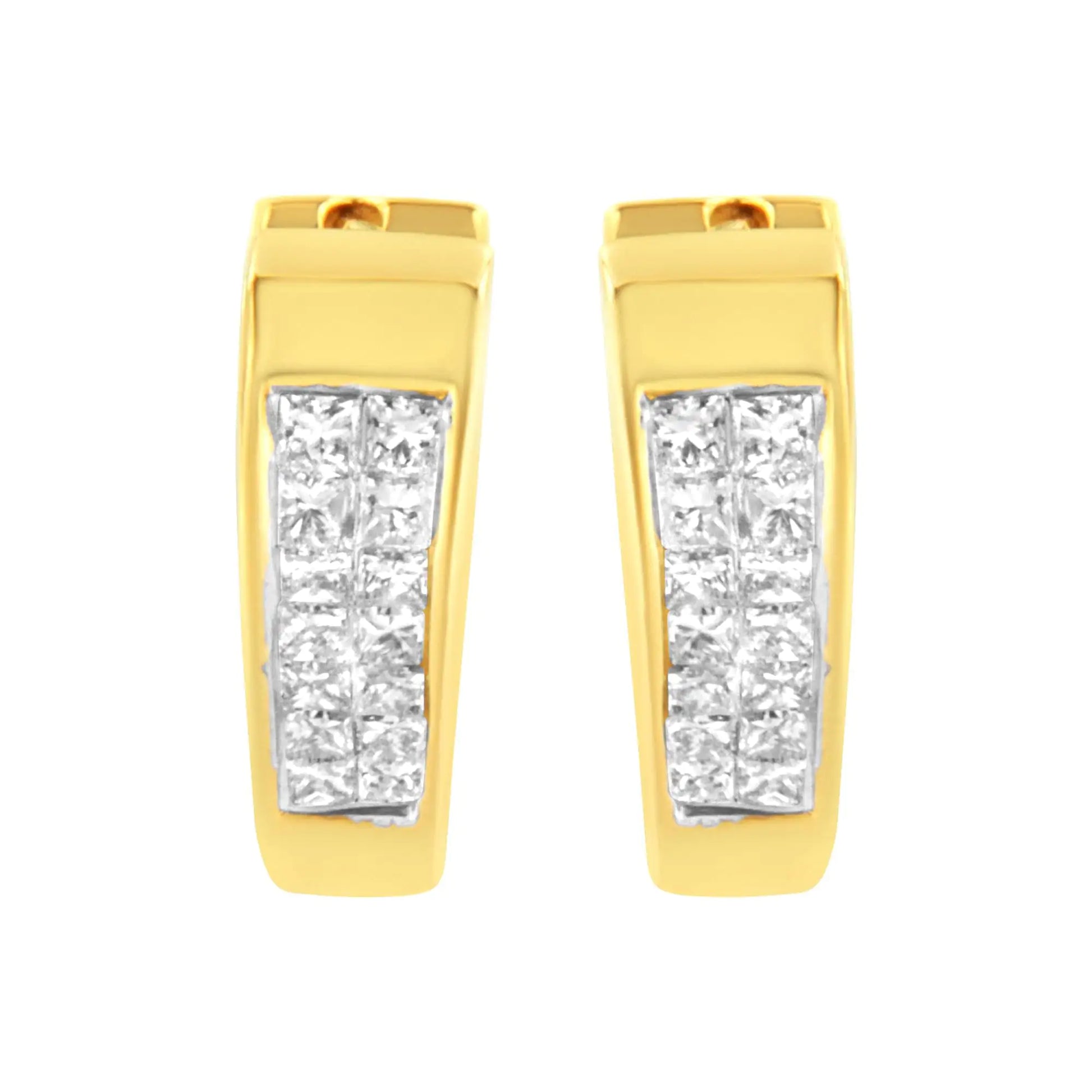 14K Yellow Gold Diamond Huggy Earrings (1/2 cttw, H-I Color, SI2-I1 ClAdd a touch of charm and sophistication with these petite and trendy diamond huggy earrings. Crafted in 14k yellow gold, these elegant hoops feature delicate heart-s14K Yellow Gold Diamond Huggy Earrings 12 cttw14K Yellow Gold Diamond Huggy Earrings 12 cttw