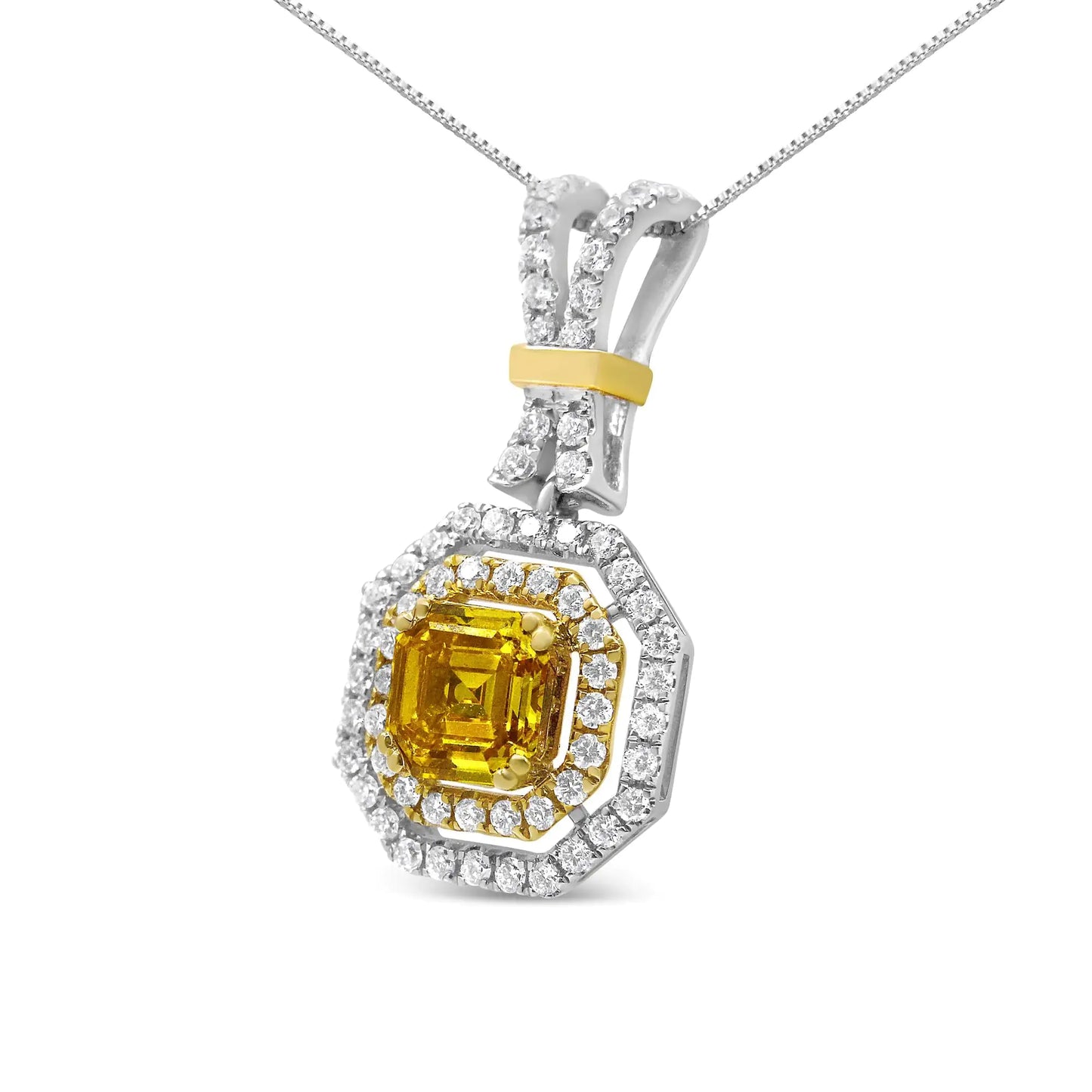 18K White and Yellow Gold 1.75 Cttw Lab Grown Treated Yellow Asscher CUnique and eye-catching, this glamorous pendant has an impressive total carat weight of 1.75 c.t. The central stone of this necklace is a lab-grown, asscher-cut yell75 Cttw Lab Grown Treated Yellow Asscher Center Diamond Halo 18" Pendant Necklace Yellow75 Cttw Lab Grown Treated Yellow Asscher Center Diamond Halo 18" Pendant Necklace Yellow