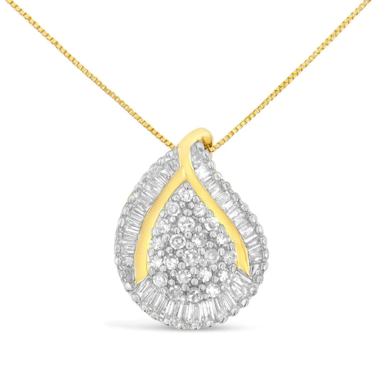 10K yellow gold mixed-cut diamond tear drop pendant necklace with round and baguette diamonds.