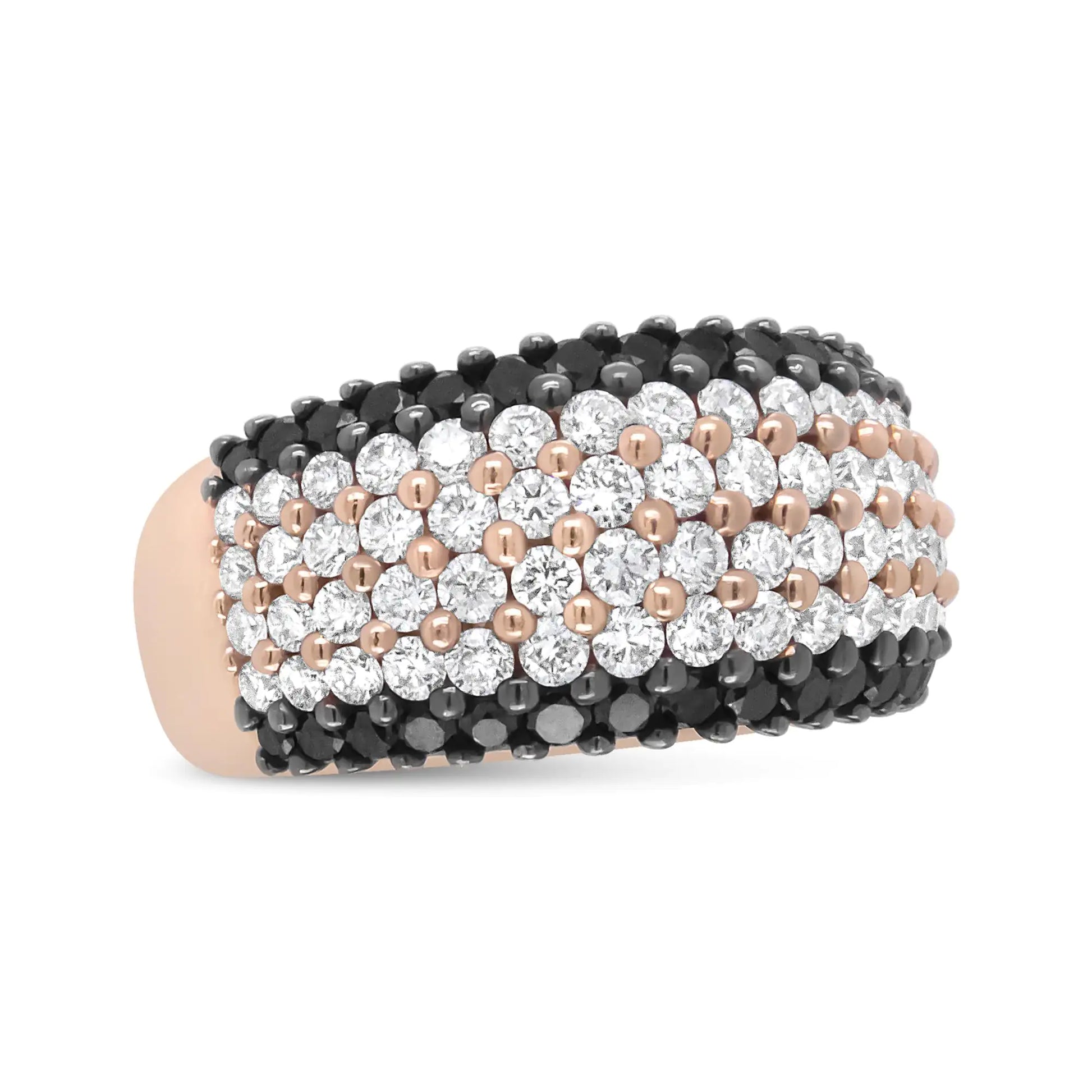 18K Rose Gold 2 1/5 Cttw Black and White Diamond 6 Row Band Ring (F-G Pops of rose gold dance delicately across this black and white colored piece. The 18k rose gold band has 4 central rows of natural white diamonds flanked by a row of18K Rose Gold 2 15 Cttw Black18K Rose Gold 2 15 Cttw Black