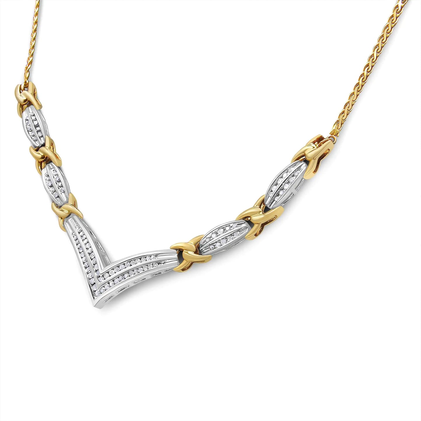 10K yellow and white gold V-shape necklace with round and princess cut diamonds, 1.0 carat, featuring yellow gold "X" links.