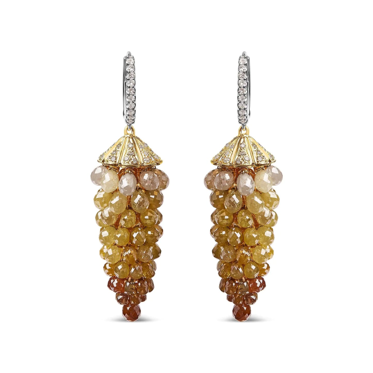 14K white and yellow gold honeycomb diamond earrings with 3.8 carats, luxurious and elegant design.