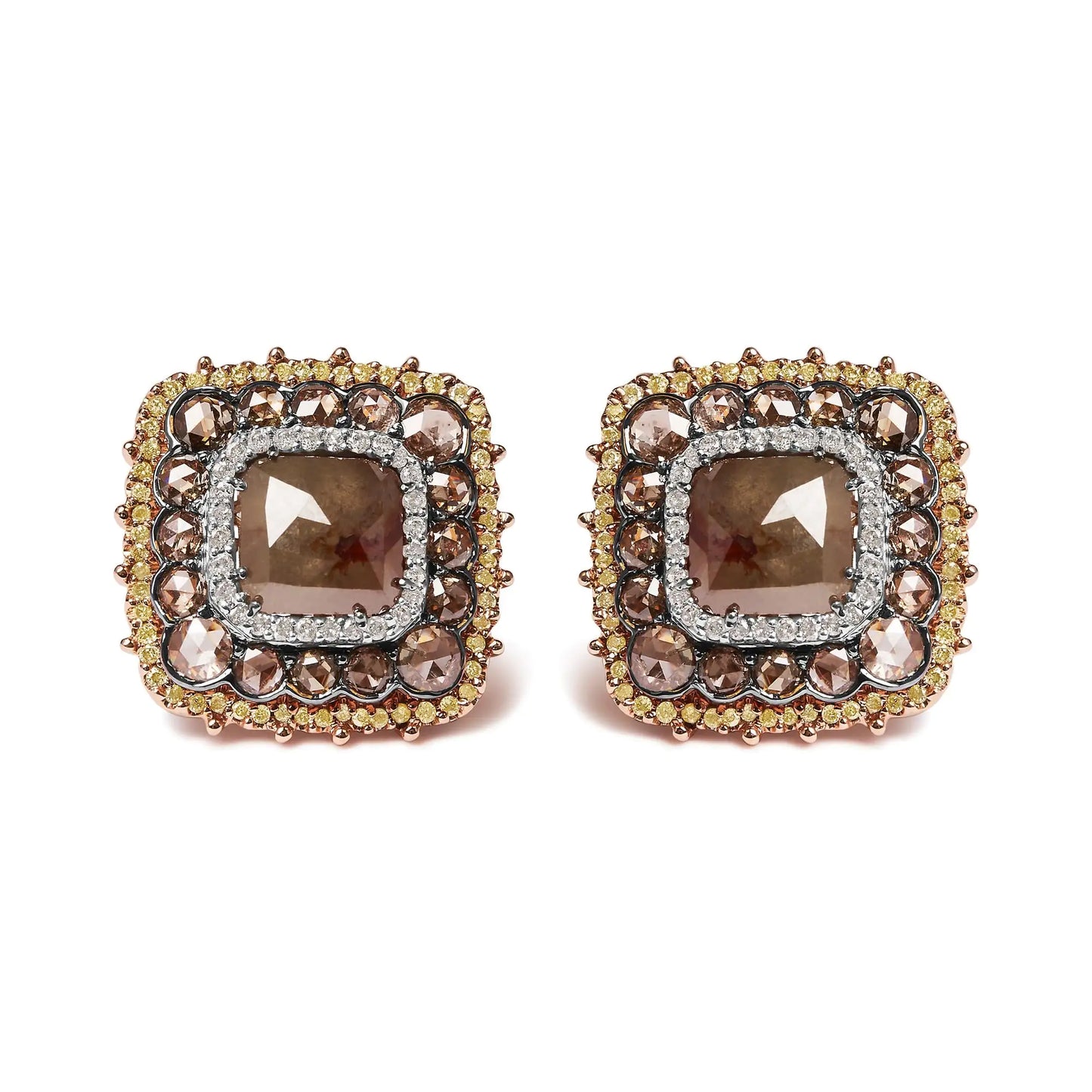 14K rose gold square stud earrings with triple halo and fancy color diamonds.