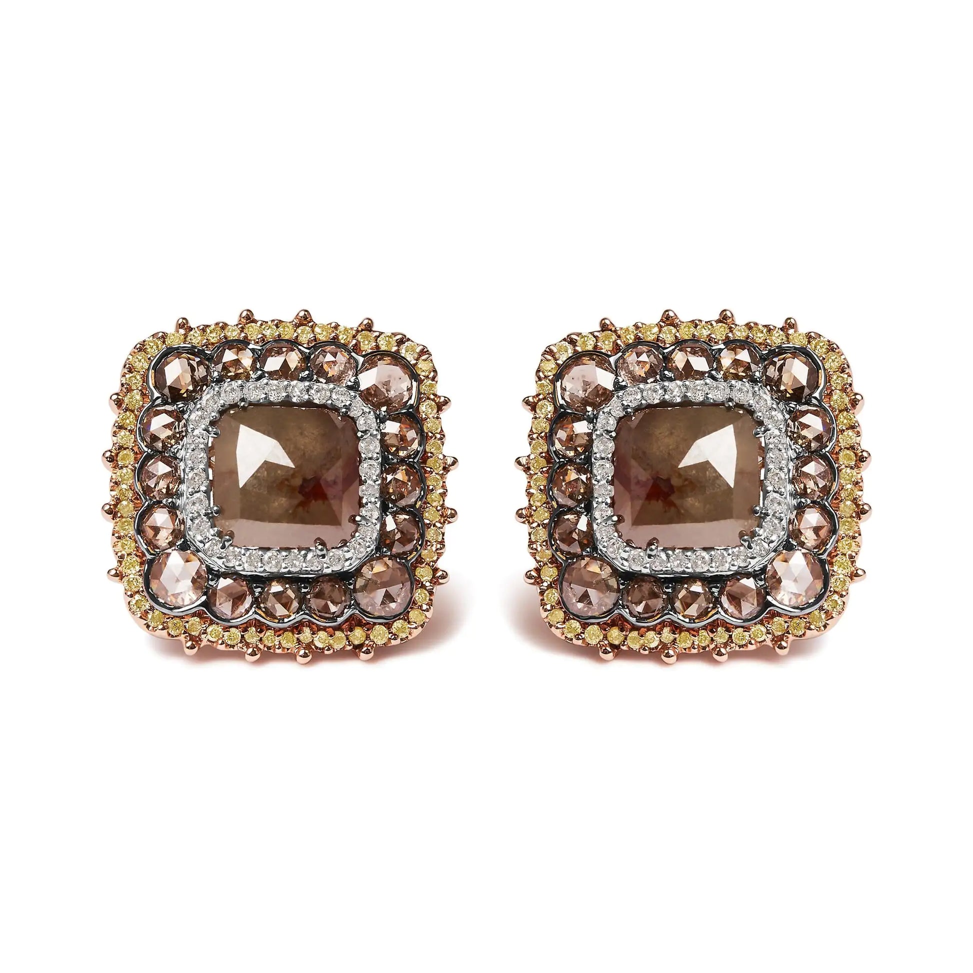 14K rose gold square stud earrings with triple halo and fancy color diamonds.