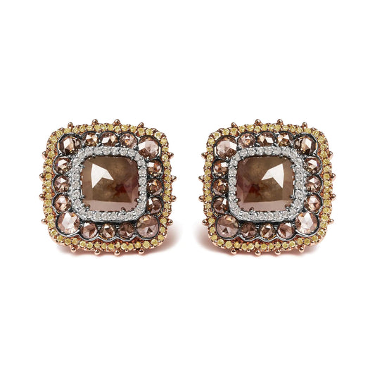 14K rose gold square stud earrings with triple halo and fancy color diamonds.