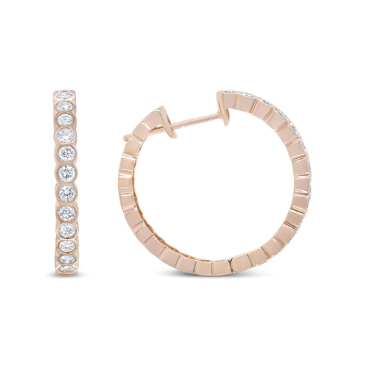 18K Rose Gold 1 Cttw Round Bezel-Set Diamond Hoop Earrings (F-G Color,Every detail of this pair of 18k rose gold hoop earrings is crafted to perfection for a sparkling and captivating style that that is eminently wearable. A gorgeous a18K Rose Gold 1 Cttw Round Bezel-Set Diamond Hoop Earrings 18K Rose Gold 1 Cttw Round Bezel-Set Diamond Hoop Earrings 