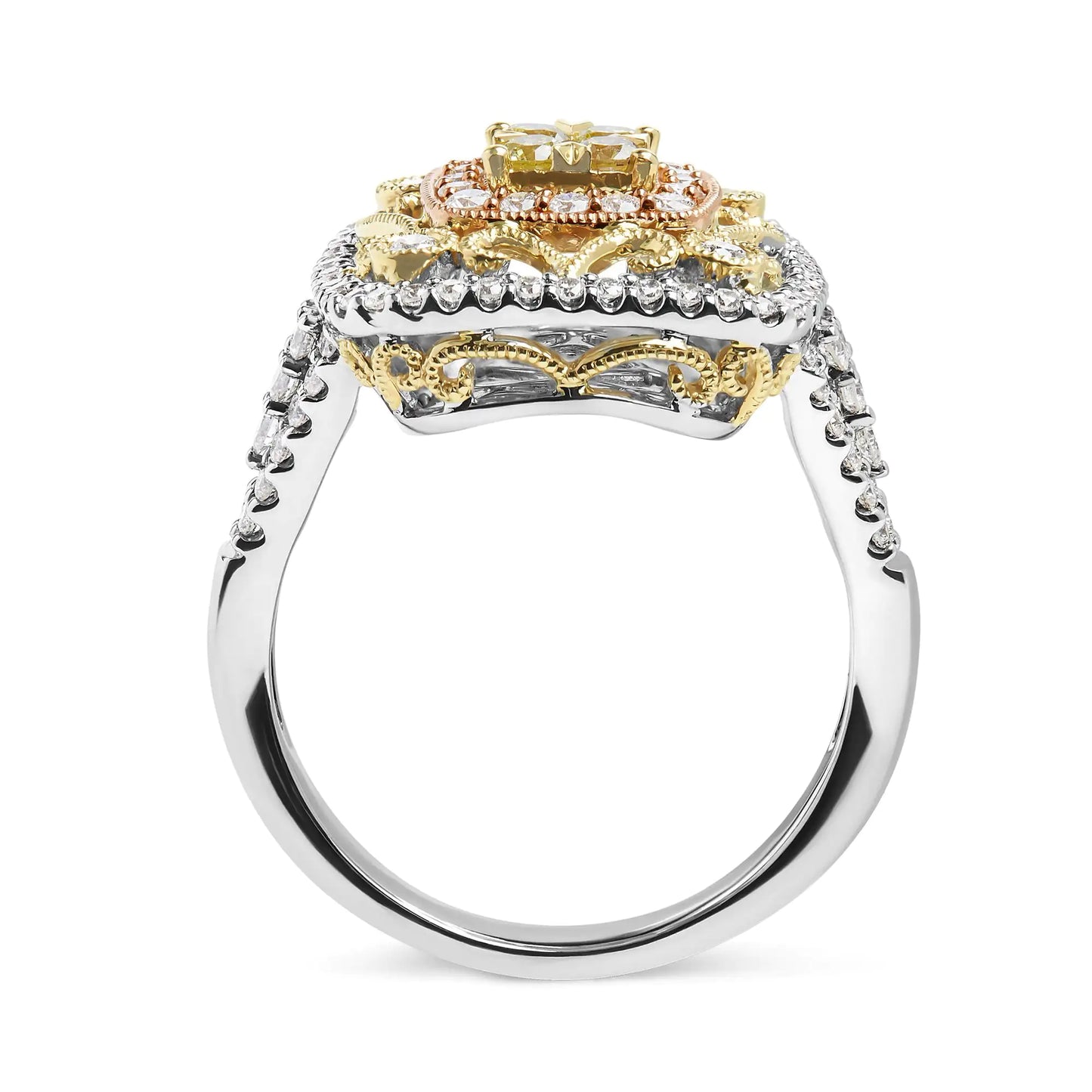 14K Tri-Toned Gold 1.00 Cttw Yellow Diamond Halo and Milgrain CocktailIntroducing a dazzling masterpiece, this 14K Tri-Toned Gold Cocktail Cluster Ring is a breathtaking piece that will leave you spellbound. Crafted with love from 14K 14K Tri-Toned Gold 114K Tri-Toned Gold 1