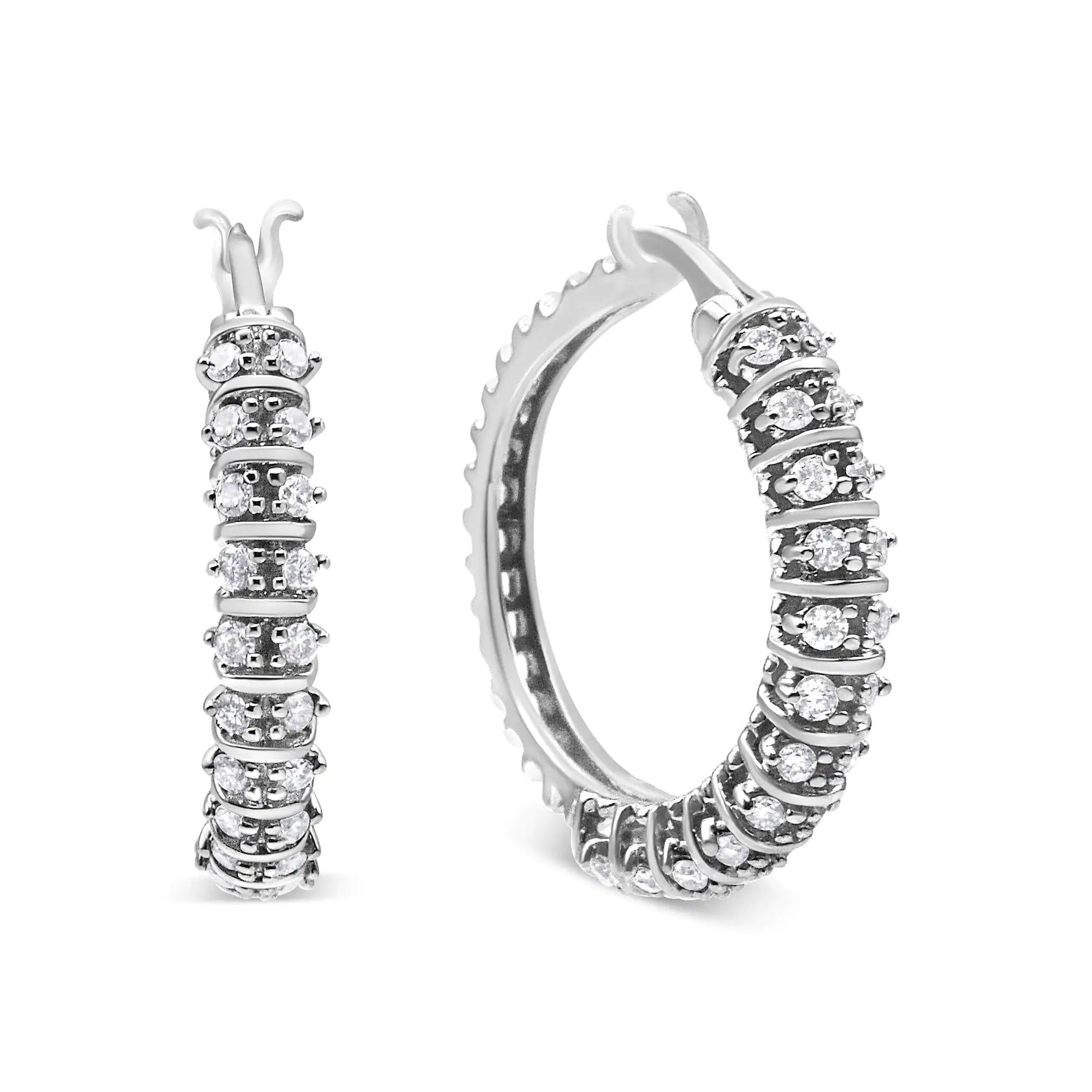 10K white gold hoop earrings with lab-grown round diamonds, 2-row semi-eternity design.