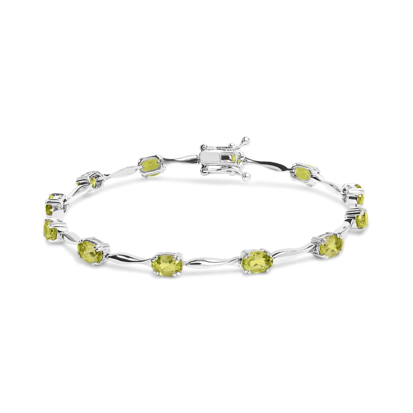 Sterling silver bracelet with oval-shaped green peridot gemstones in a link design.