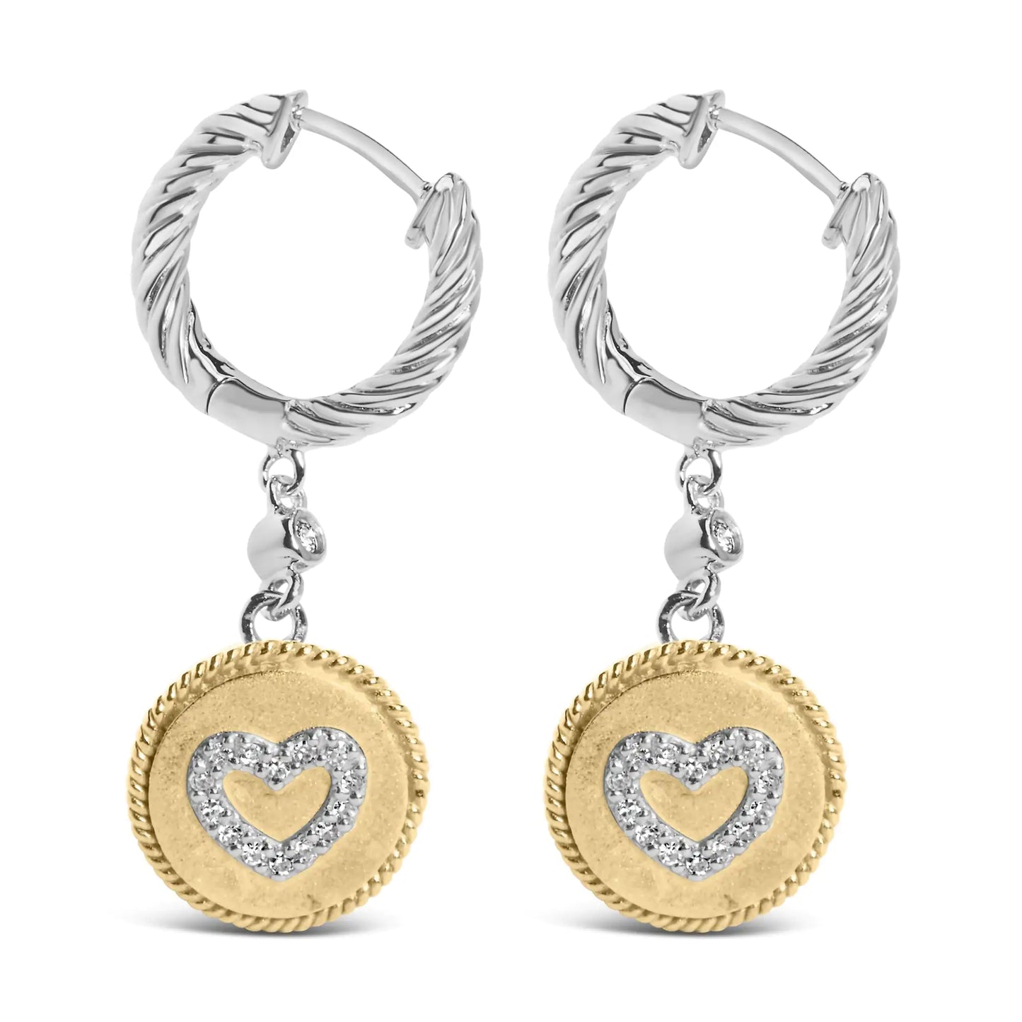 18K Yellow Gold Plated .925 Sterling Silver 1/8 Cttw Diamond Heart MedIndulge in elegance and sophistication with our 18K Yellow Gold Plated .925 Sterling Silver Diamond Heart Medallion Drop and Dangle Earrings. Each earring features a18K Yellow Gold Plated18K Yellow Gold Plated