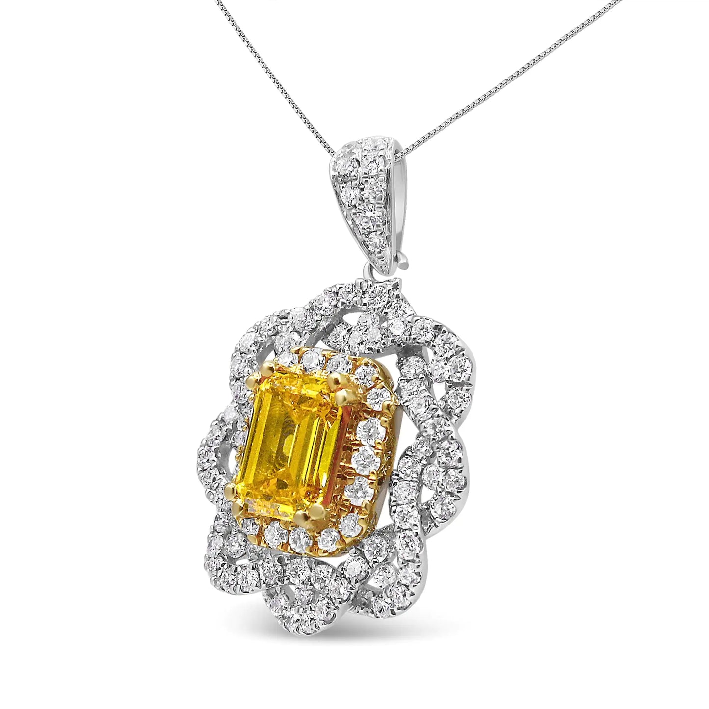 18K Yellow and White Gold 1.75 Cttw Diamond Lab Grown Treated Yellow ETreat yourself to this glamorous 1.75 c.t. diamond fashion necklace, elegantly crafted in 18k white gold, a metal that will stay tarnish free for years to come. The 75 Cttw Diamond Lab Grown Treated Yellow Emerald Center Diamond Halo 18" Pendant Necklace Yellow75 Cttw Diamond Lab Grown Treated Yellow Emerald Center Diamond Halo 18" Pendant Necklace Yellow