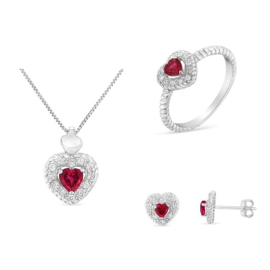 925 Sterling Silver jewelry set with ¾ Cttw lab-created ruby and ¼ Cttw diamond heart ring, earrings, and pendant necklace.