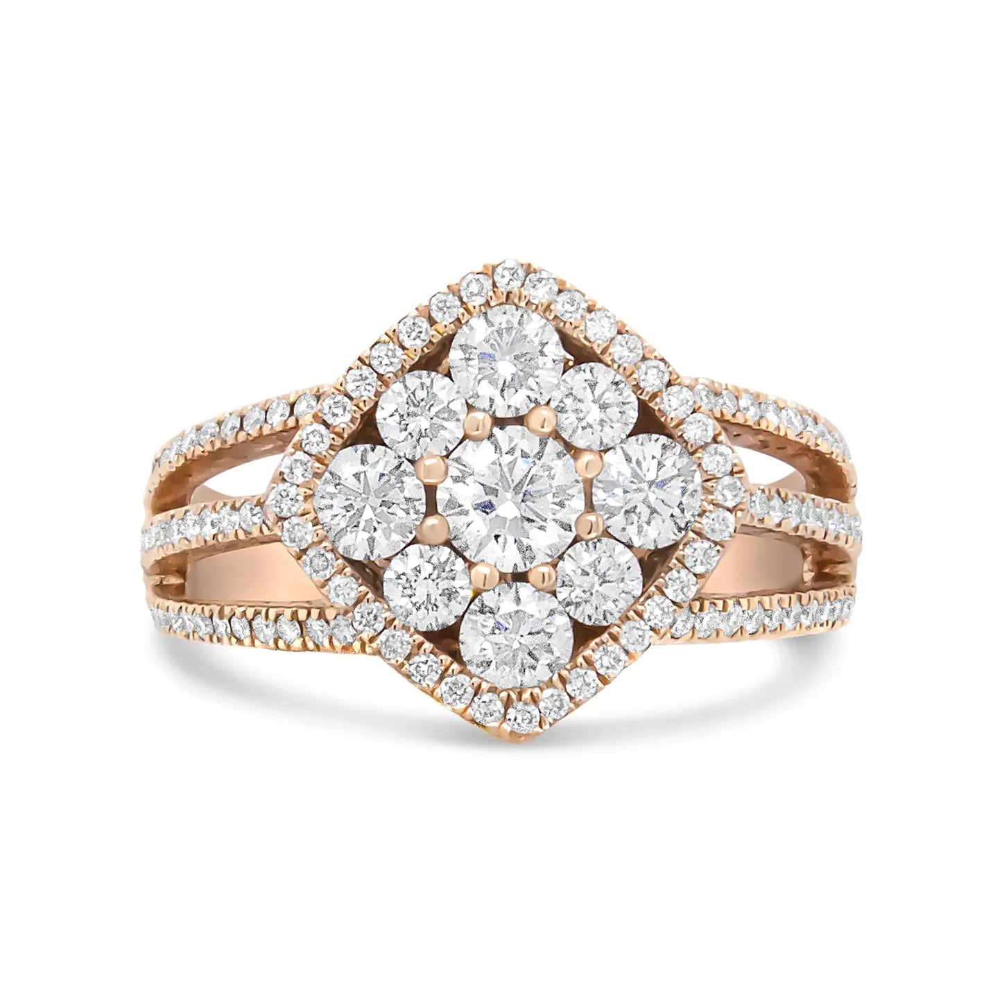 18K rose gold diamond halo cluster split shank ring band with rhombus motif.