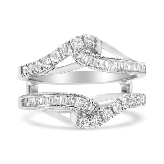 14K White Gold 0.65 Cttw Round and Baguette Invisible-Set Diamond EnhaThis sparkling ring enhancer is a piece that will instantly elevate her bridal or diamond solitaire ring. The look displays a top and bottom row of round diamonds in14K White Gold 014K White Gold 0