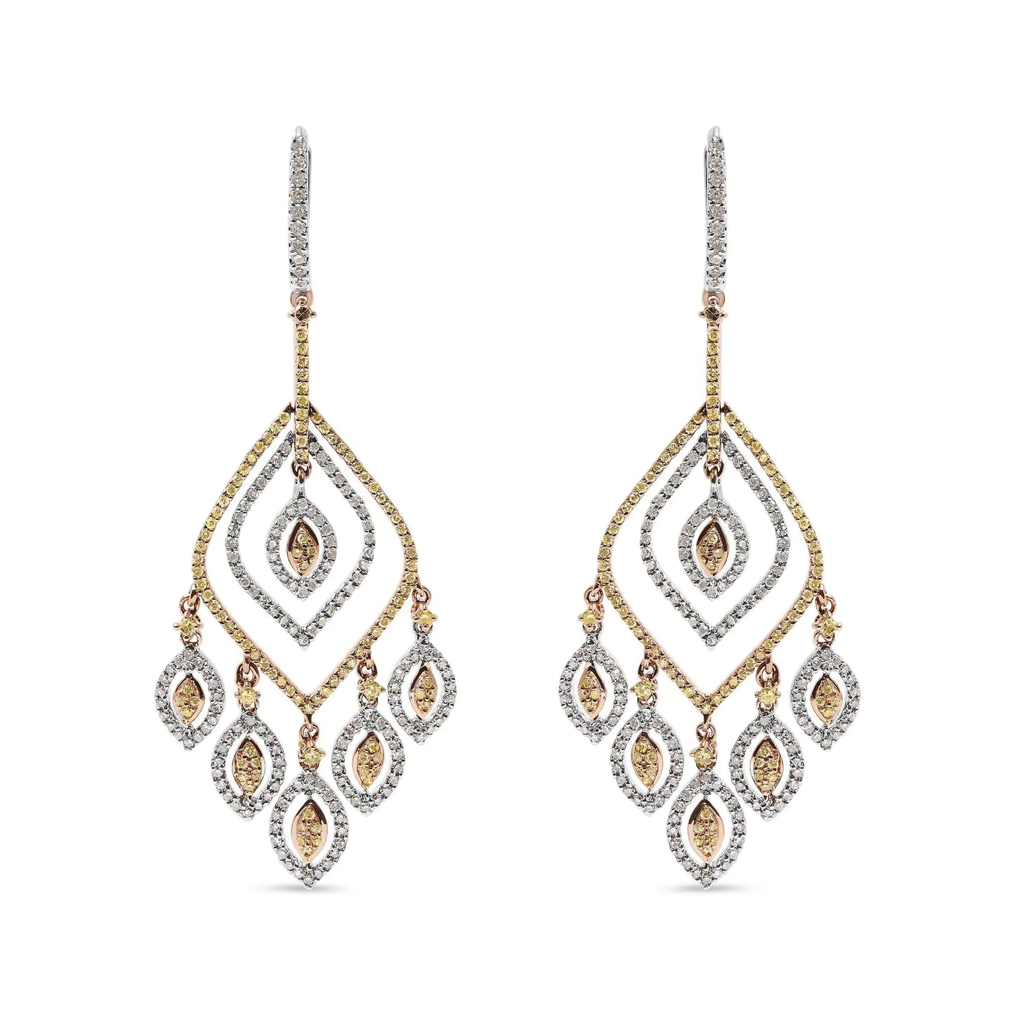 14K White and Rose Gold 2 1/2 Cttw Diamond Curved Rhombus Shape Drop aIntroducing a dazzling masterpiece that will leave you breathless! These exquisite 14K White and Rose Gold Diamond Earrings boast a remarkable 2 1/2 carat total weig14K White14K White