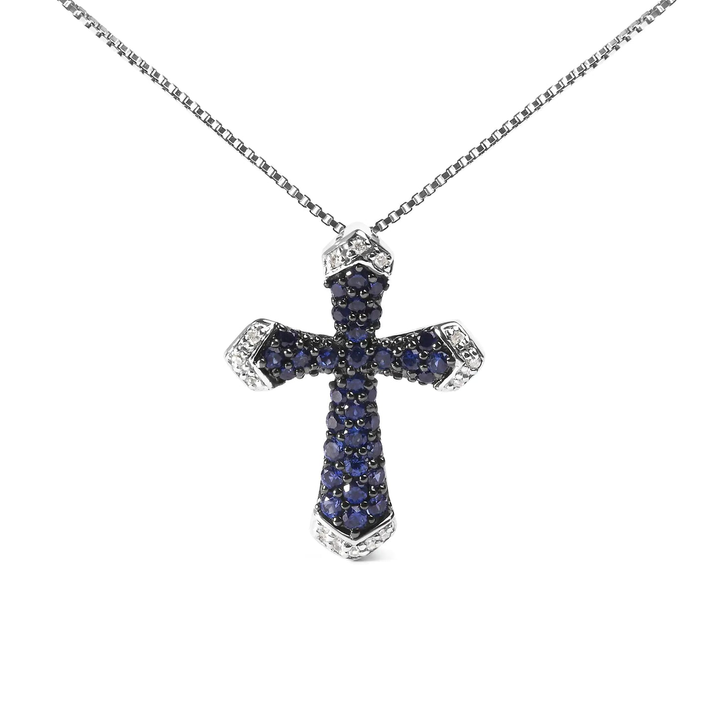 Sterling silver cross pendant necklace with blue sapphire and white diamond accents on an 18-inch box chain.