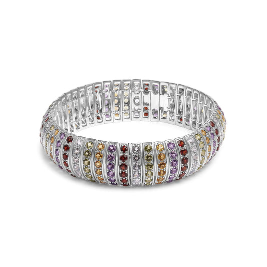 Sterling Silver Multi Row Rainbow Gemstone Bangle Bracelet with Amethyst, Topaz, Peridot, Citrine, Garnet stones.