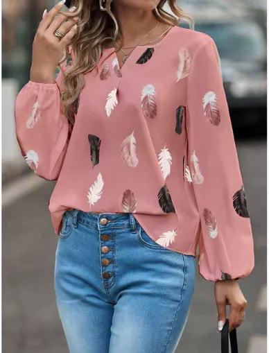 Women's Long Sleeve V-Neck Blouse – Feather Pattern, Breathable, for Autumn/Winter