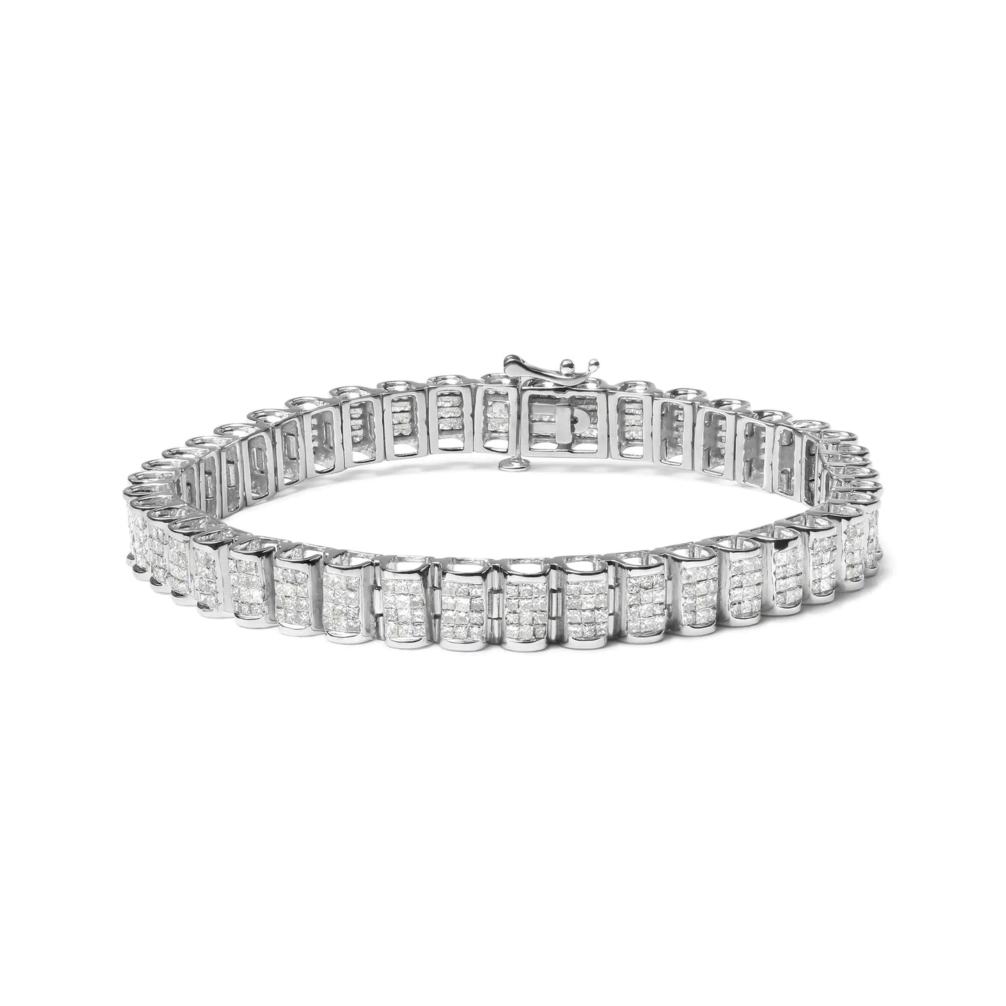 14K gold square princess cut white diamond tennis bracelet with elegant design.