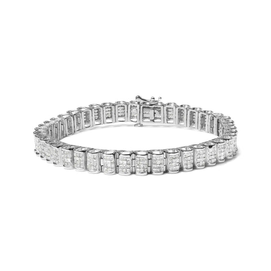 14K gold square princess cut white diamond tennis bracelet with elegant design.