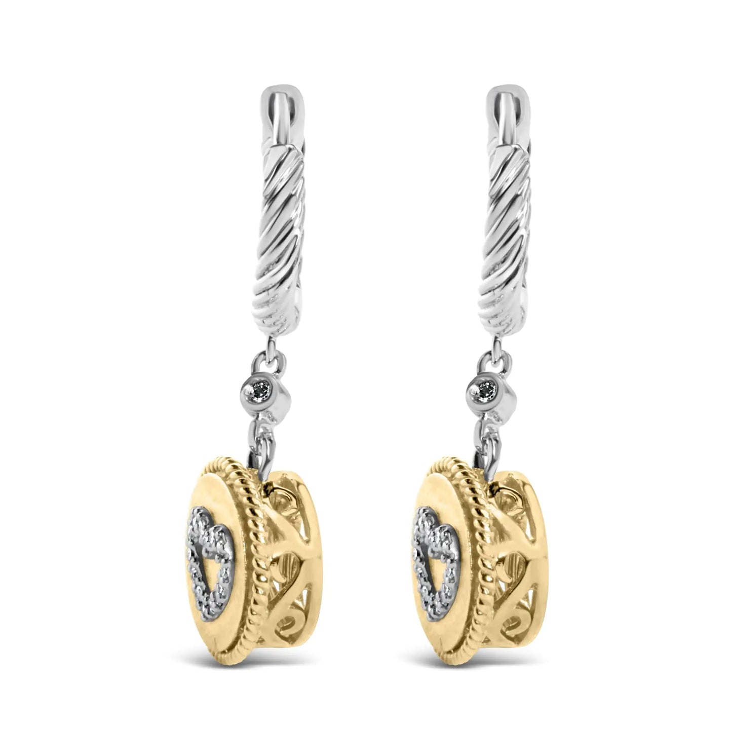 18K Yellow Gold Plated .925 Sterling Silver 1/8 Cttw Diamond Heart MedIndulge in elegance and sophistication with our 18K Yellow Gold Plated .925 Sterling Silver Diamond Heart Medallion Drop and Dangle Earrings. Each earring features a18K Yellow Gold Plated18K Yellow Gold Plated