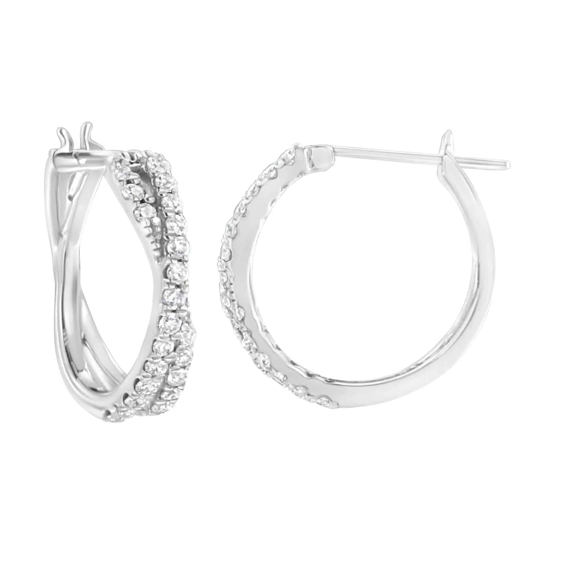 Sterling Silver Lab Grown Diamond Cross Hoop EarringThese gorgeous hoop earrings are made with a unique 3/4 ct tdw "x' cross design. Crafted in the finest .925 sterling silver, these earrings are made with lab-grown dSterling Silver Lab Grown Diamond Cross Hoop EarringSterling Silver Lab Grown Diamond Cross Hoop Earring