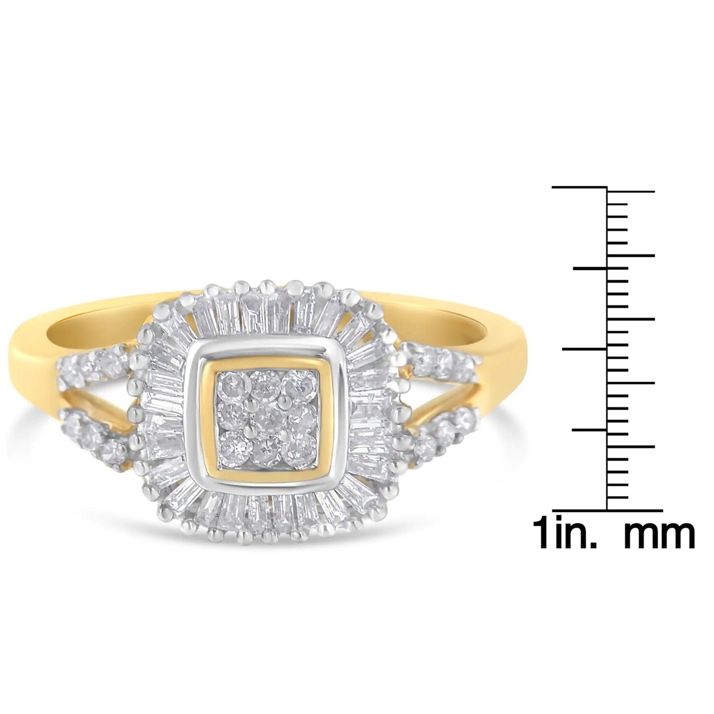 10K Yellow Gold Round and Baguette Cut Diamond Ballerina Ring (1/2 cttA stunning 10k yellow gold 1/2ct Ballerina diamond ring. Nine dazzling round diamonds are framed by baguette cut diamonds in a channel setting. Two ribbons split apa10K Yellow Gold Round10K Yellow Gold Round