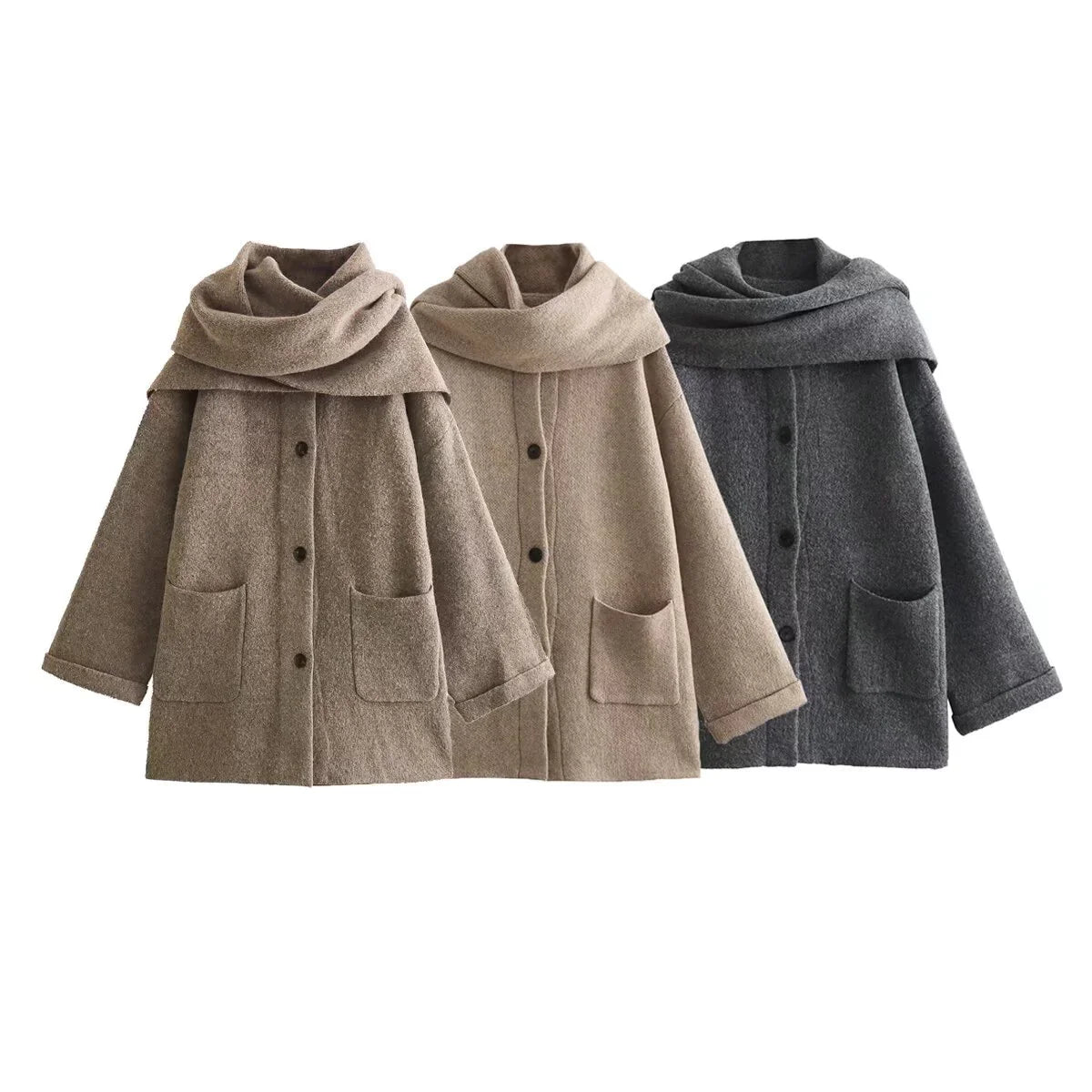 Chic 3-Color Knit Coat Set with Cozy Scarf - Perfect for Stylish LayerIntroducing our stylish and versatile jacket with scarf, perfect for the modern individual looking to elevate their wardrobe. Crafted from high-quality polyester fibChic 3-Color Knit Coat SetCoatsChic 3-Color Knit Coat Set