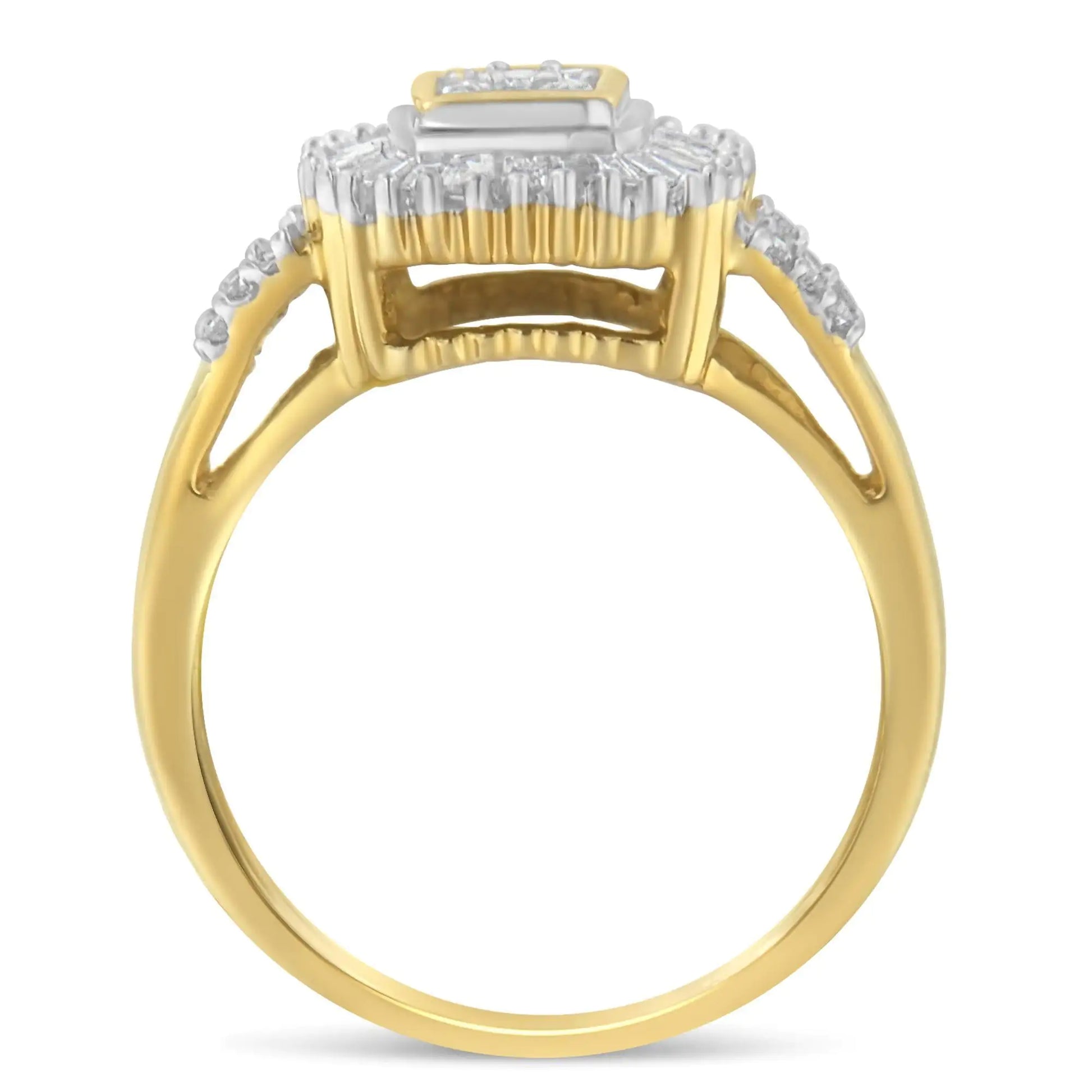 10K Yellow Gold Round and Baguette Cut Diamond Ballerina Ring (1/2 cttA stunning 10k yellow gold 1/2ct Ballerina diamond ring. Nine dazzling round diamonds are framed by baguette cut diamonds in a channel setting. Two ribbons split apa10K Yellow Gold Round10K Yellow Gold Round