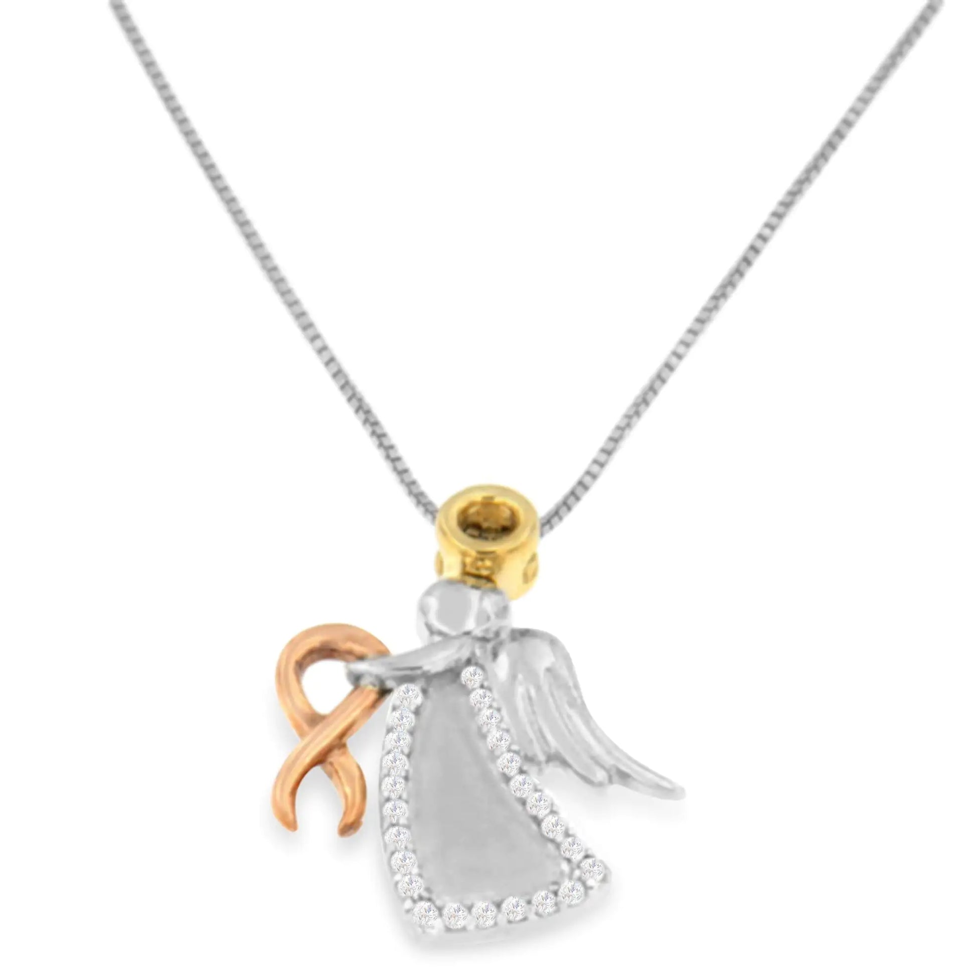 10K Tri-Color Gold Diamond-Accented Angel Awareness Ribbon Pendant NecThis charming pendant showcases that angels do exist. Gently clasping 10 karats rose gold ribbon in her hands, the beautiful angel is depicted in the two tone gold a10K Tri-Color Gold Diamond-Accented Angel Awareness Ribbon Pendant Necklace Necklace10K Tri-Color Gold Diamond-Accented Angel Awareness Ribbon Pendant Necklace 