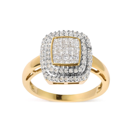 10K yellow gold diamond composite halo ring with 1/2 carat total weight, showcasing an elegant design.